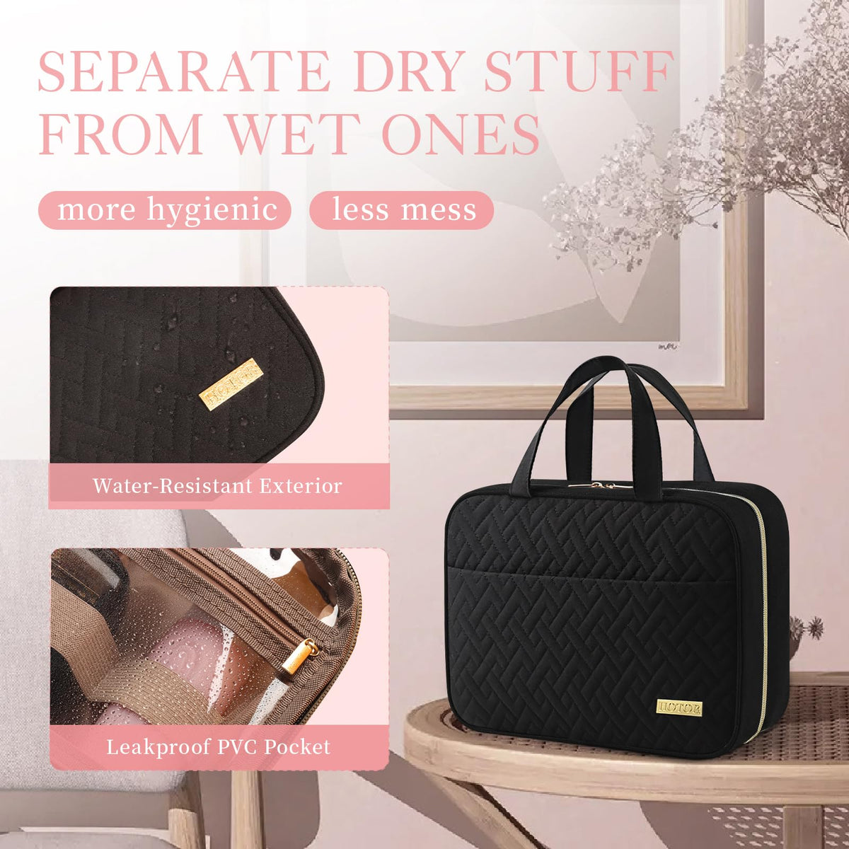 HOTOR Travel Toiletry Bag - Toiletry Bag w/Hanging Hook for Women & Men, Makeup Bag/Big Comparment, Waterproof for Travel Accessories, Travel Essentials, Small, Black 🍁 All In One Marketplace Canada