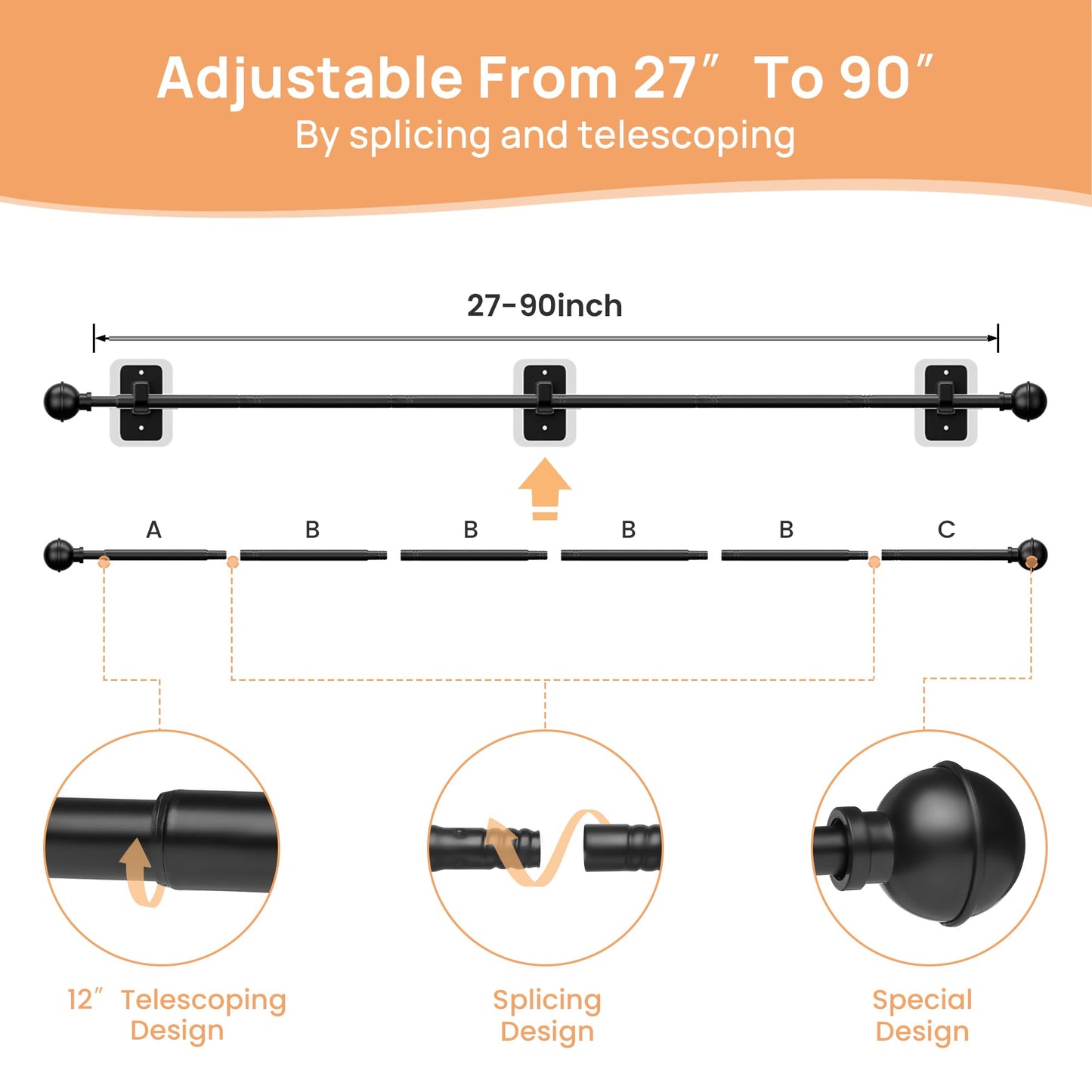 upsimples No Drill Curtain Rods for Window 48 to 84 Inches, 5/8 Inch Diameter Renter Friendly Drapery Rod with Adhesive Brackets without Drilling, Adjustable from 27 to 90 Inches, Black 🍁 All In One Marketplace Canada