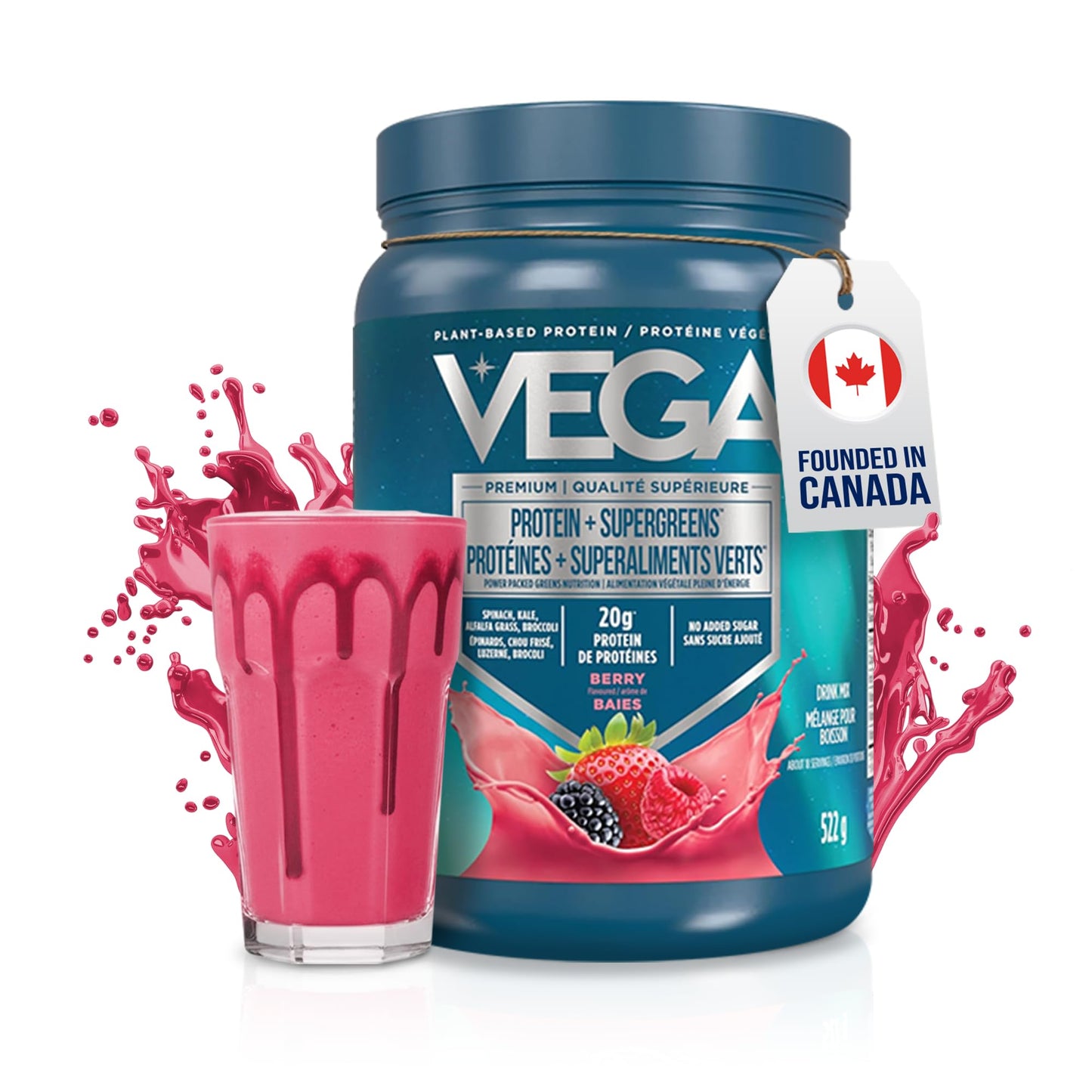 Vega Protein + Supergreens Vegan Plant Based Protein Powder – 20g Organic Pea Protein, Dairy-free, Healthy Breakfast Shake – Berry 18 Servings, 522 grams (Pack of 1) 🍁 All In One Marketplace Canada