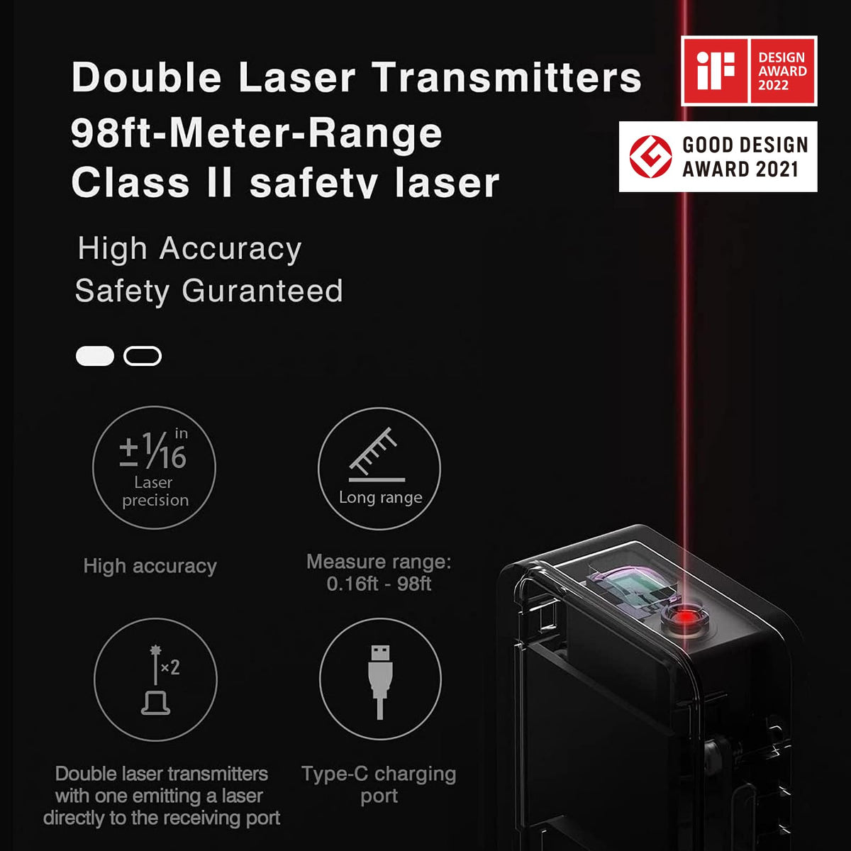 HOTO Laser Measuring Tool, Pocket-Size 98Ft Digital Laser Tape Measure ±2mm Accuracy, USB-C Rechargeable, OLED Display, Ft/M/in Unit, Real-time Data Sync, Cool Gadgets Gifts for Men & Home Use 🍁 All In One Marketplace Canada