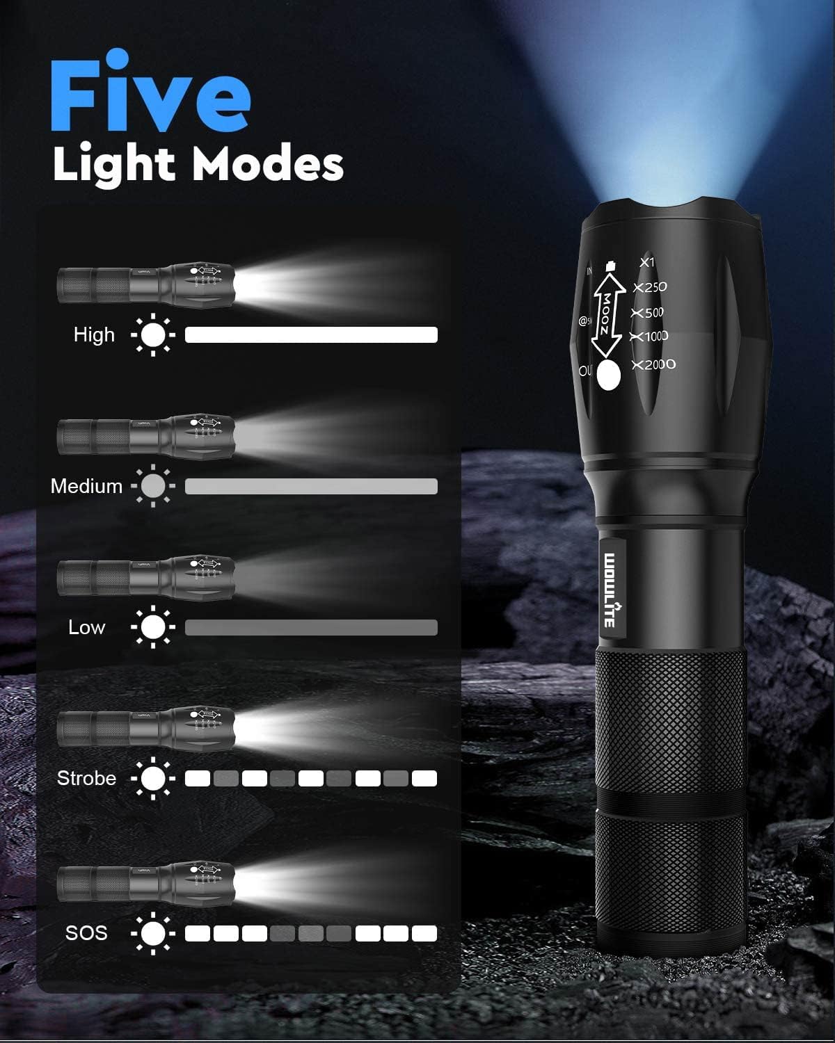wowlite Tactical Flashlight, Wowlite Ultra Bright XML T6 LED Torch with 5 Light Modes & Adjustable Focus for Emergency Camping Hiking (2 Pack) 🍁 All In One Marketplace Canada