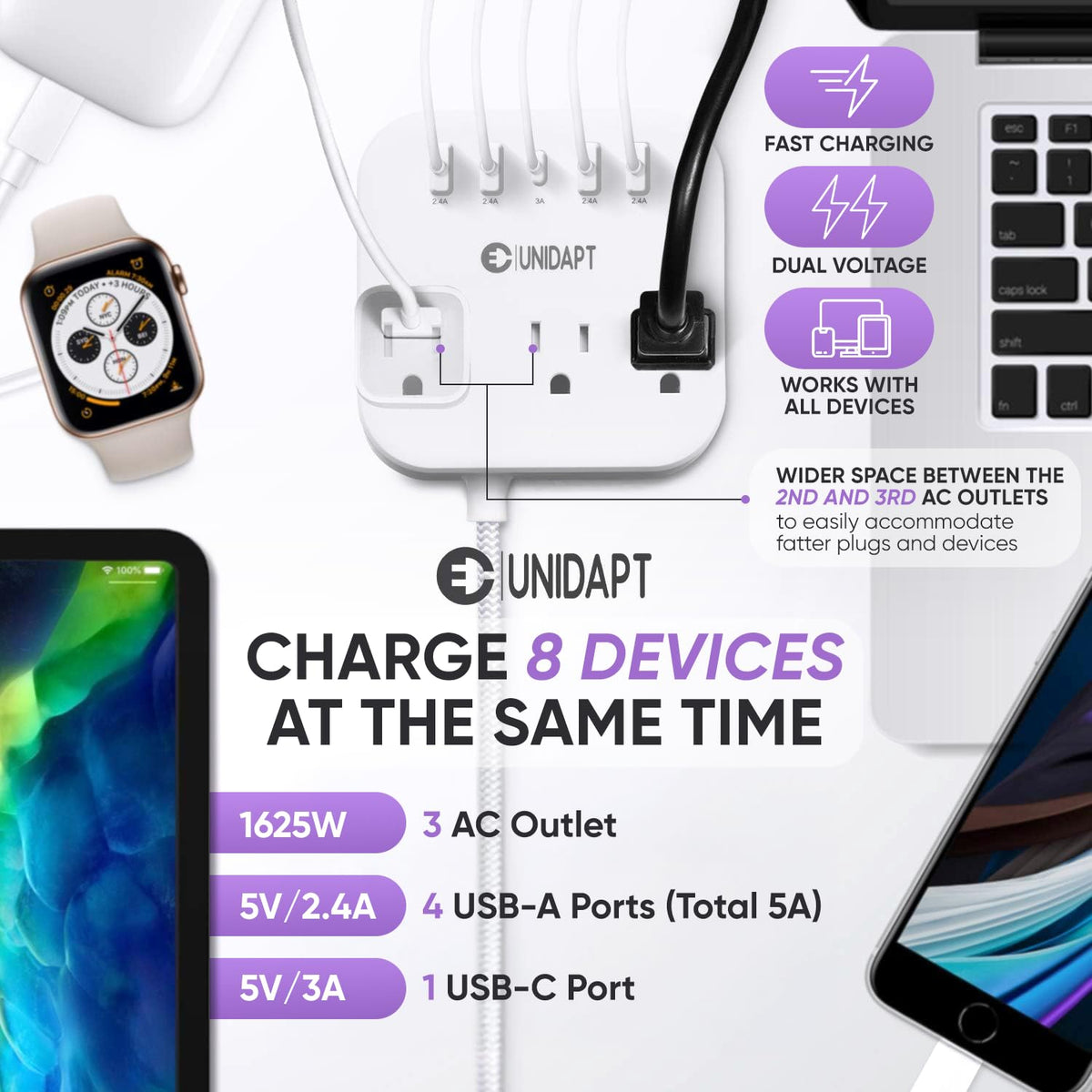 Unidapt European Plug Adapter, Unidapt US to UK Europe Power Strip for EU/UK/US with USB C and 4 USB Ports, 3 AC Outlets, Wall Mountable, 5ft Cord, for Travel Cruise Ship Home (WSS-603) 🍁 All In One Marketplace Canada