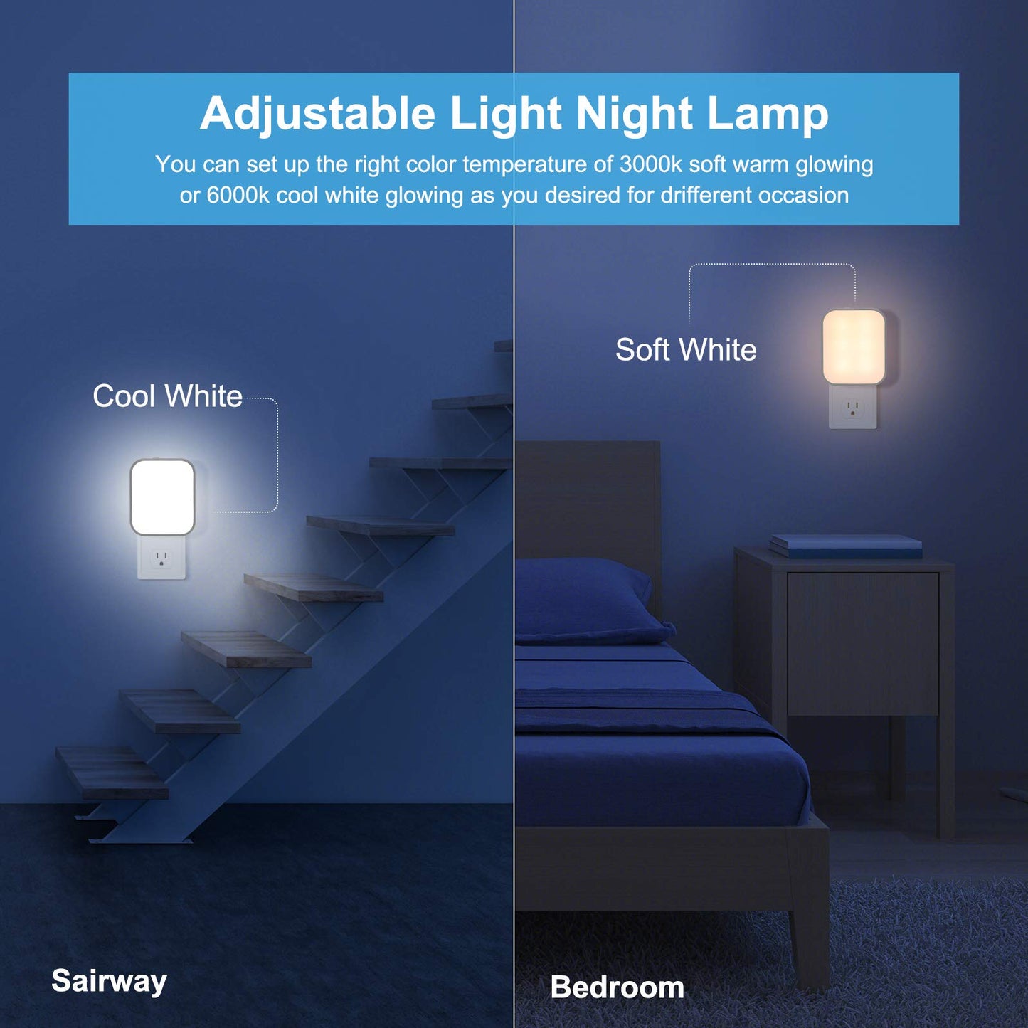 Lomotech Plug-in LED Night Light, 4 Pack Adjustment Lighting White Night Lights, Dusk to Dawn Sensor Nightlight, ETL Certified Night Lamp for Bedroom,Toilet,Stairway,Hallways (Soft White & Cool White) 🍁 All In One Marketplace Canada