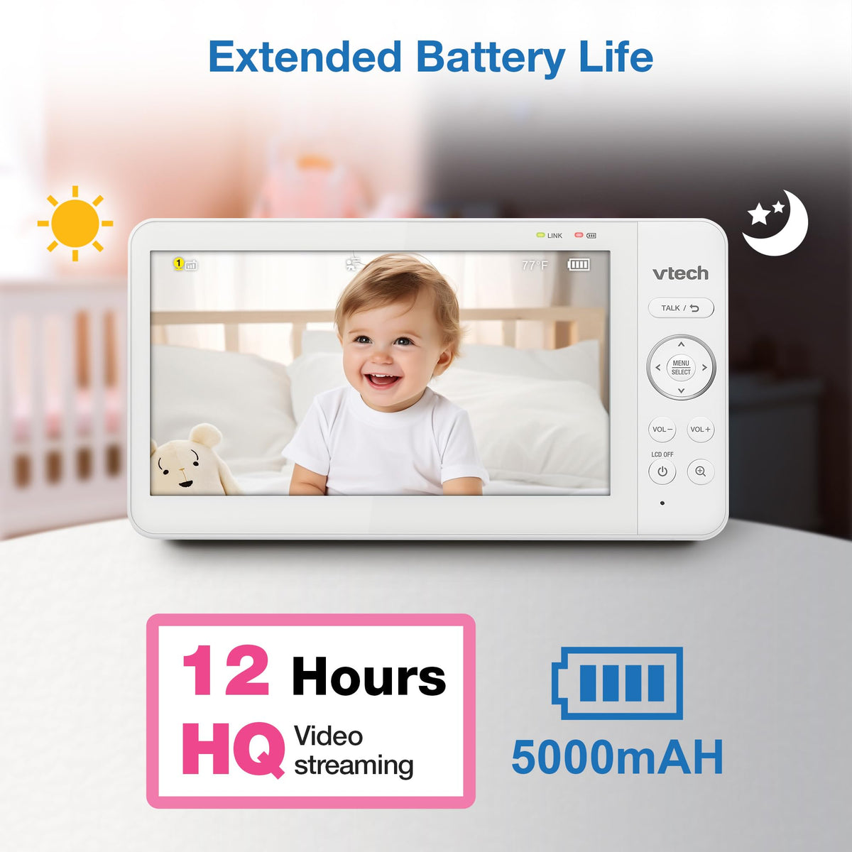 VTech Advanced HQ Max Twin 2 Camera 7” Digital Video Baby Monitor with Pan-Tilt-Zoom, Night Light, Long Range, 2-Way Talk, Display, and Lullabies, No WiFi, White 🍁 All In One Marketplace Canada
