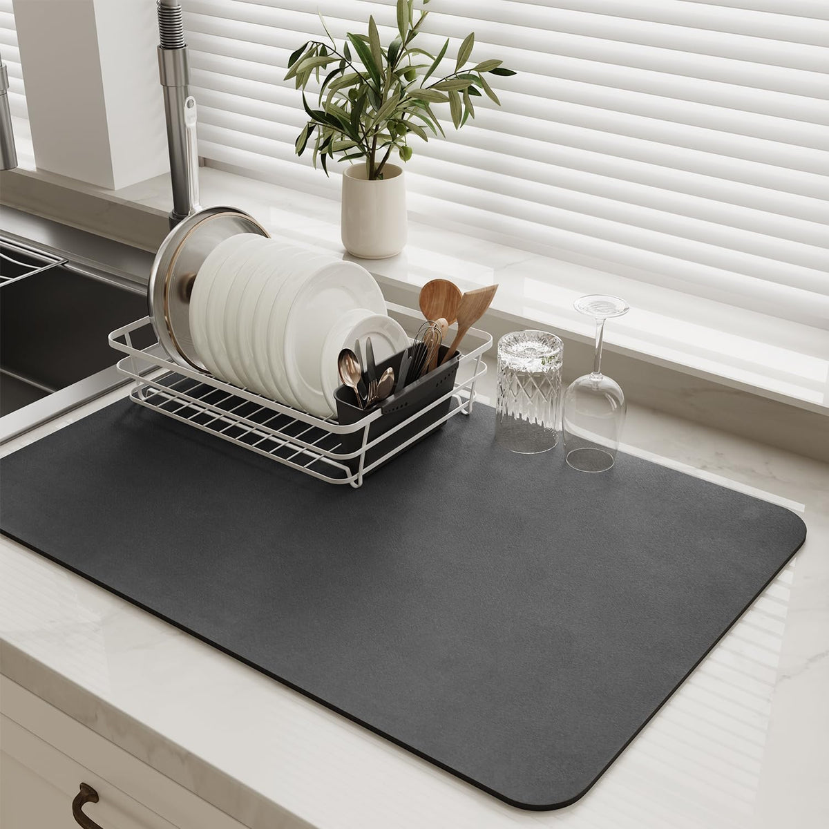 MontVoo-Absorbent Dish Drying Mat-Kitchen Counter Rubber Backed Water Absorbing Drying Mat-Hide Stain Under Dish Mat Quick Dry Coffee Mat-Dark Grey 12''x19'' 🍁 All In One Marketplace Canada