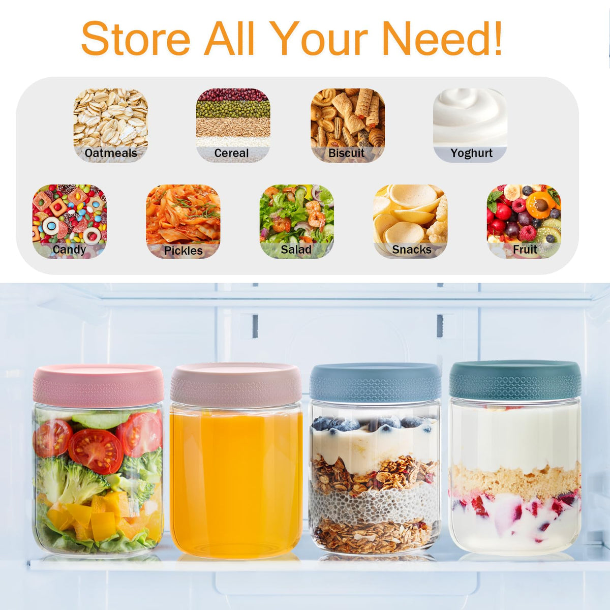 16 OZ Overnight Oats Jar,6 Pack Glass Jar with Lid and Spoon,Reusable Wide Mouth Mason jars for Overnight Oats,Yogurt Snacks Fruit, Salad Dressing, Sauce,Cereal-Leak Proof(500 ml) 🍁 All In One Marketplace Canada