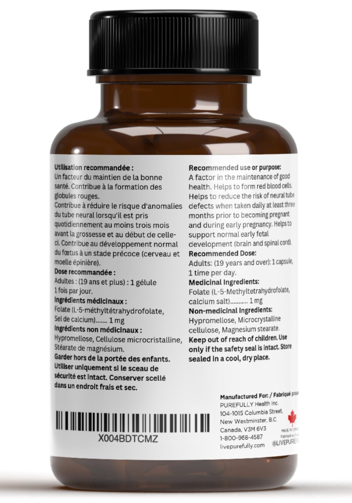 PUREFULLY 5-MTHF 1000mcg, 90 Capsules - L Methylfolate (Active Form of Vitamin B9 Folate) Supplement - Supports Cardiovascular Health and Early Fetal Development 🍁 All In One Marketplace Canada