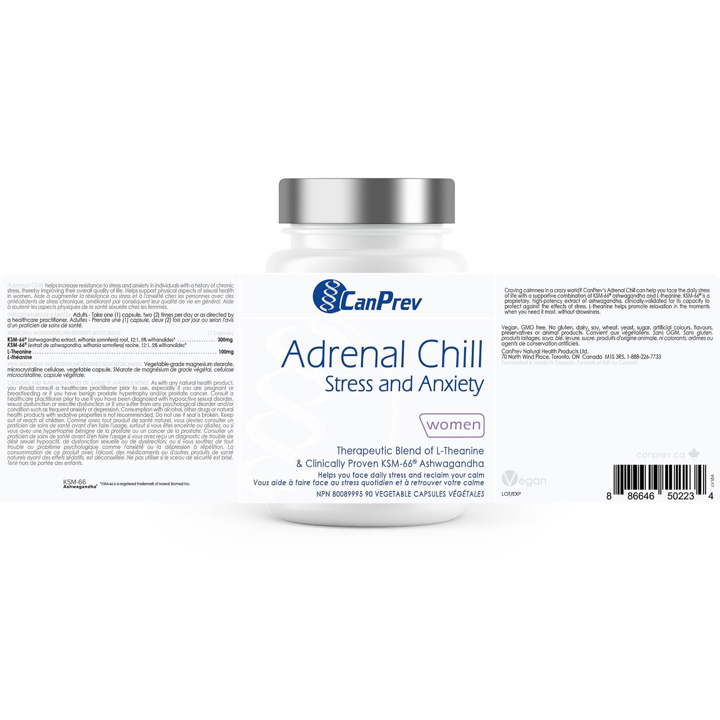 CanPrev Adrenal Chill Women, 90 Veg Capsules, 45-Day Supply with 300mg KSM-66 Ashwagandha & L-Theanine for Calm Focus & Relaxation, Non-GMO, Made in Canada 🍁 All In One Marketplace Canada