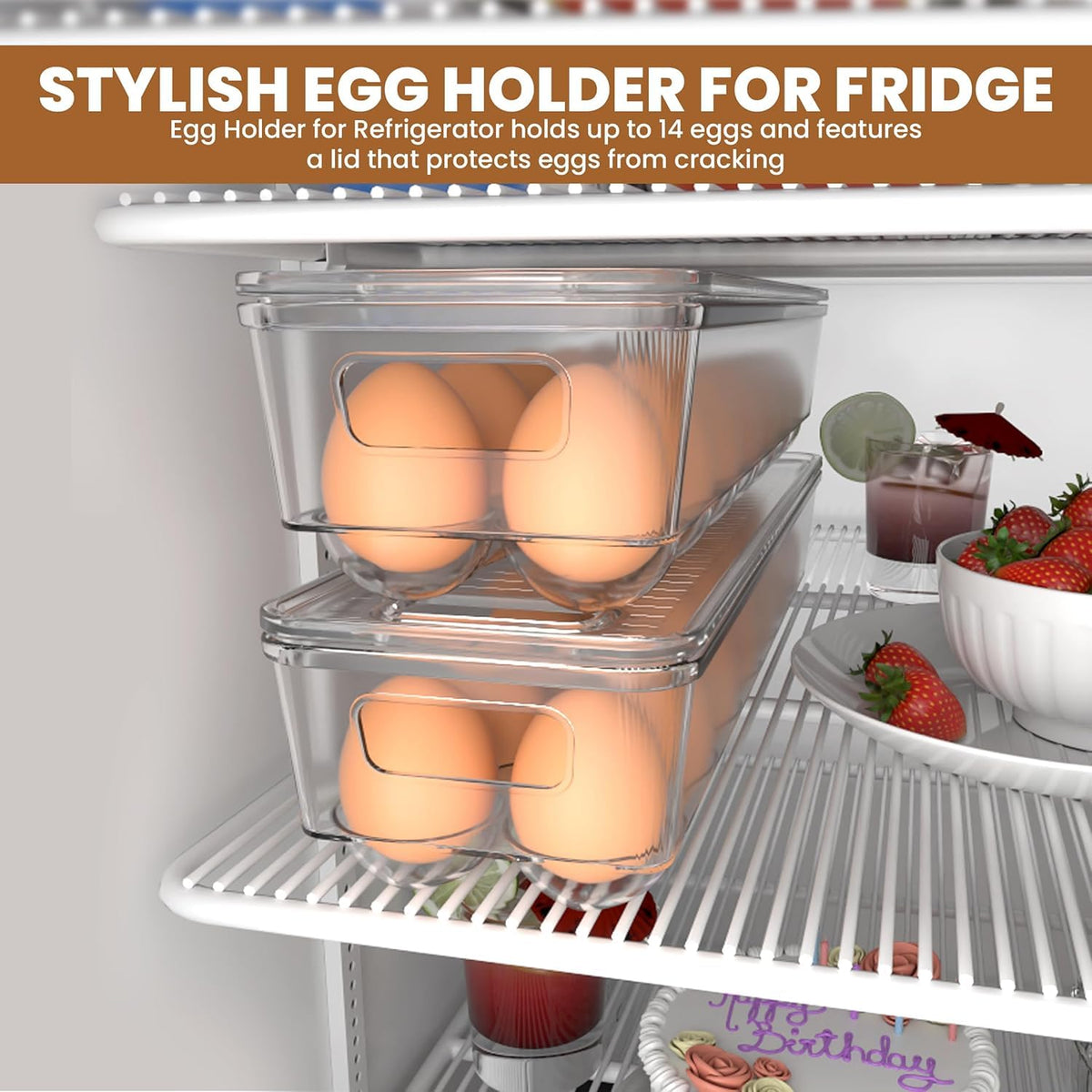 KICHLY Pack of 2 - Egg Basket for fridge - Egg Holder for Fridge - 14 Egg Container With Lid & Handle, Egg Container For Refrigerator, Stackable Plastic Egg Tray with Lids (Clear) 🍁 All In One Marketplace Canada