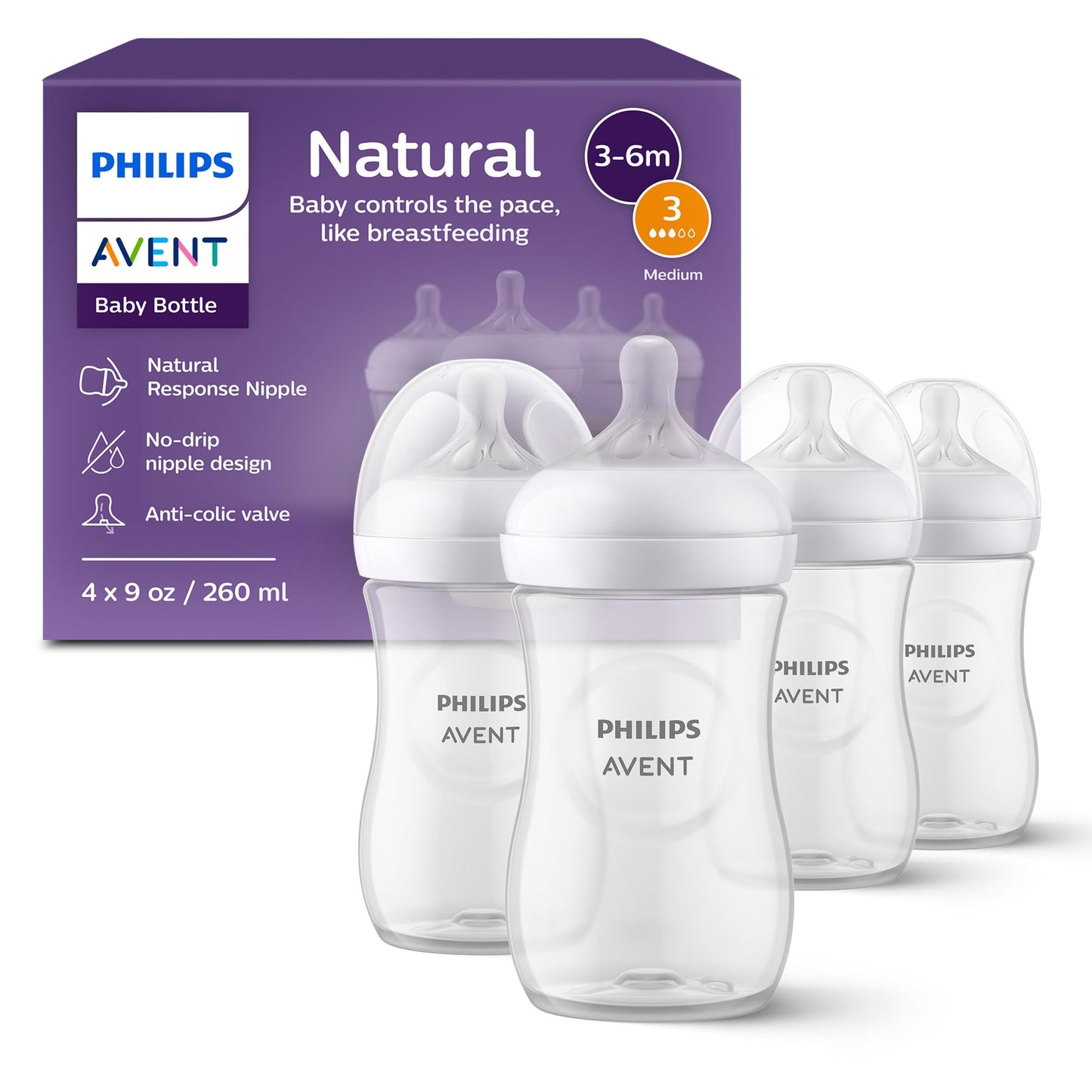 Philips Avent Natural Baby Bottles with Natural Response Nipples (Medium Flow, Flow 3), 9oz, 4-pack, SCY903/04 🍁 All In One Marketplace Canada