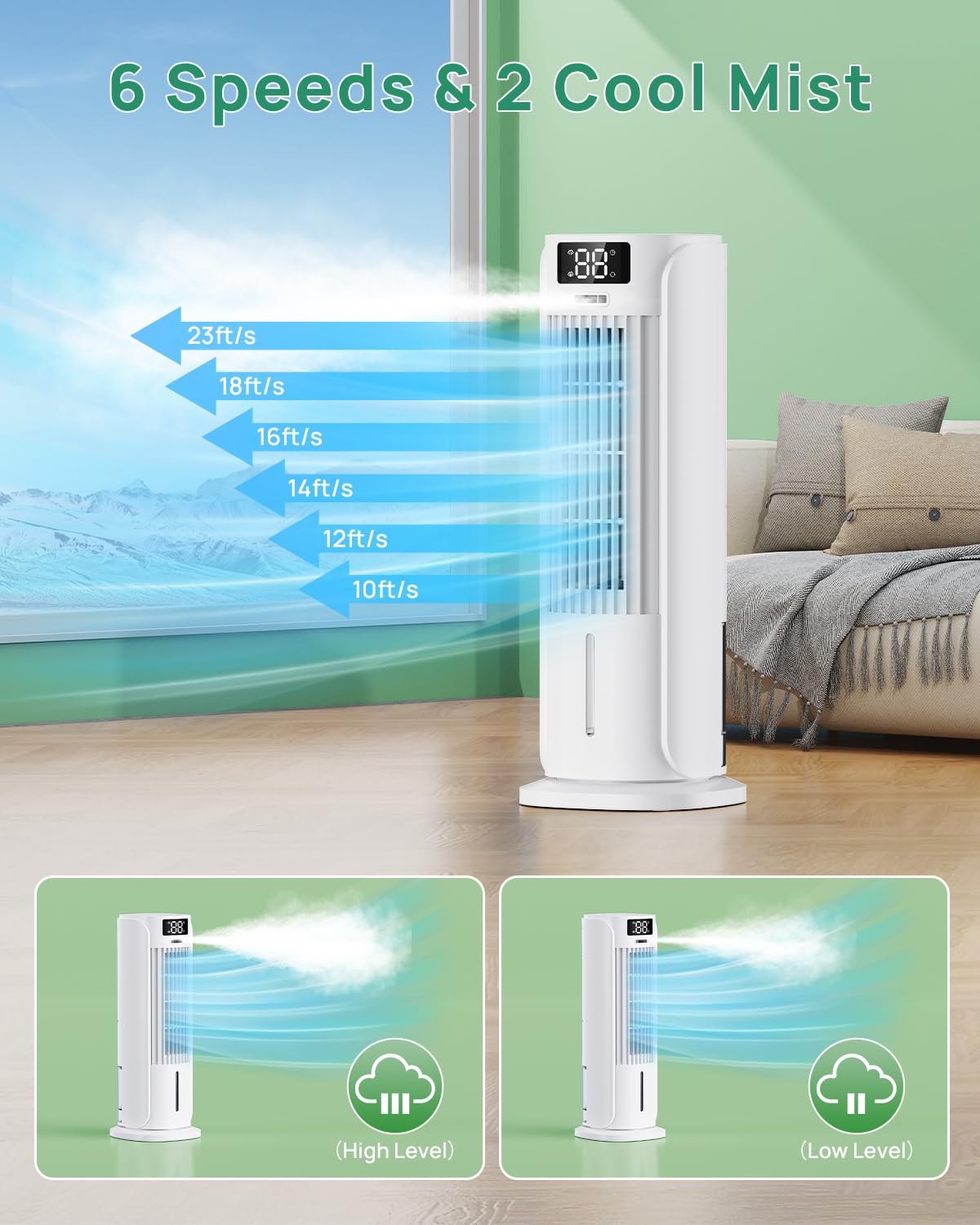 Portable Air Conditioner, 800ML Water Tank, 6 Speeds & 2 Cool Mist, 3 IN 1 Air Cooler, 90° Auto Oscillation, 12H Timer, 5M Remote Control, Quiet Cooling Tower Fan Air Conditioner for Room Office 🍁 All In One Marketplace Canada