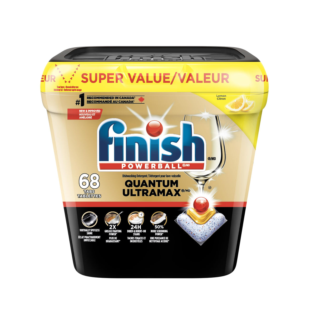 Finish Quantum UltraMAX Dishwasher Detergent Pods, 3-Chamber Formula with PowerBall, 2X Grease Fighting*, Burnt-On & 24H Dried-On Stains, Intense Clean & Diamond Shine, No Pre-Rinse, Lemon, 68 Tabs 🍁 All In One Marketplace Canada
