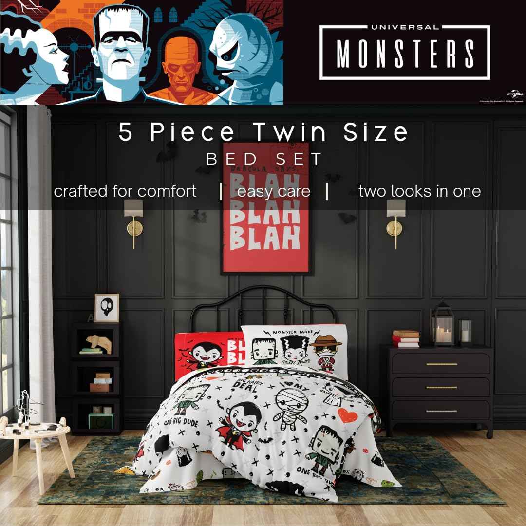 Universal Little Monsters Halloween 5 Piece Twin Bedding Set - Super Soft Cozy Reversible Comforter and Sheet Set with Sham, (Officially Licensed Product) by Franco