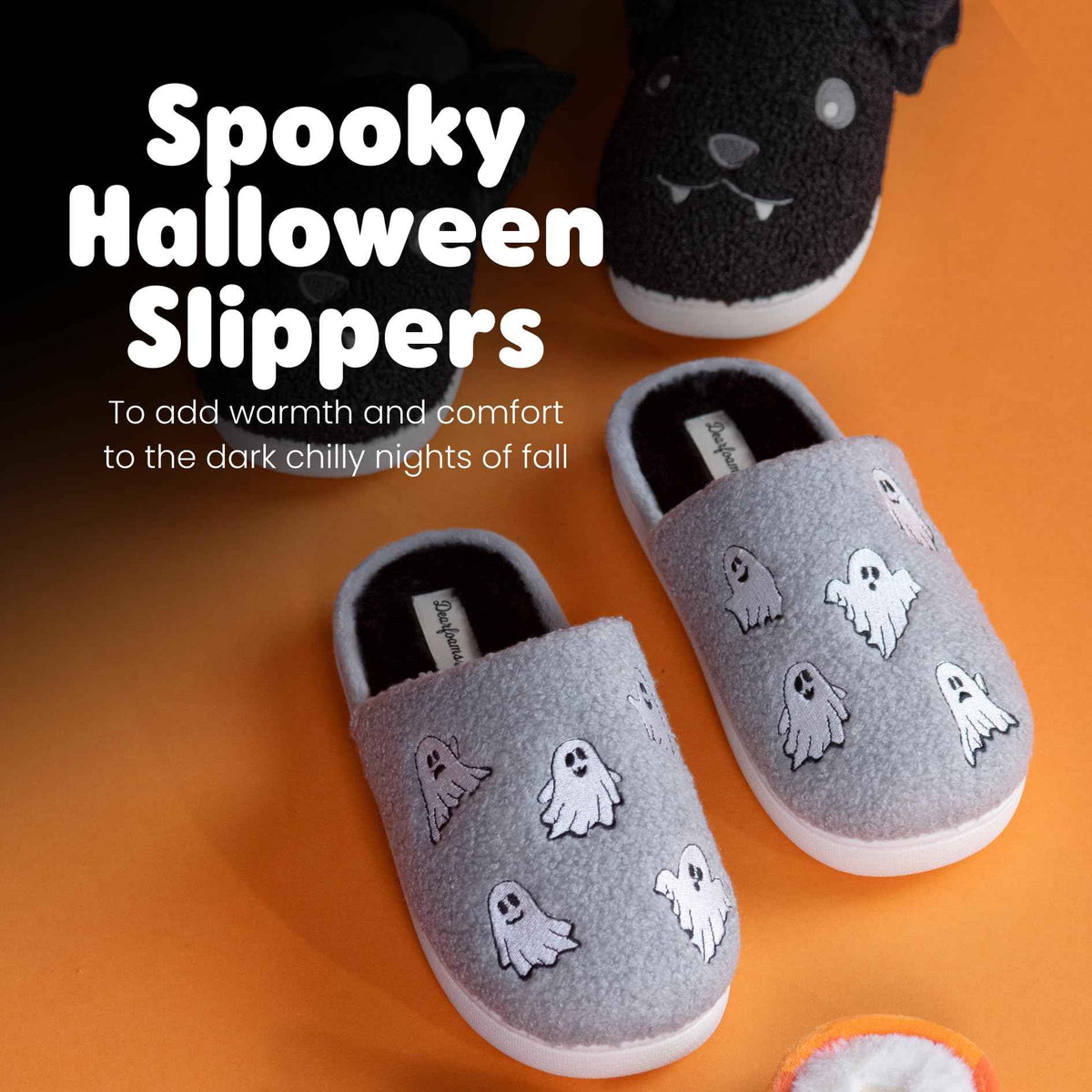 Dearfoams Unisex-Adult Spooky Fuzzy Halloween Pumpkin Jack O Lantern Slipper, Grey Ghost, 11-12 Women/9-10 Men