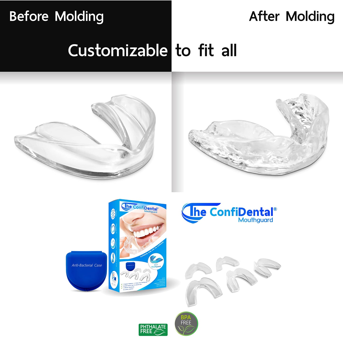 The ConfiDental - Moldable Mouth Guard for Teeth Grinding Clenching Bruxism Sport Athletic Whitening Tray Pack of 5 Including 3 Regular and 2 Heavy Duty Guard (3 (Ill) Regular 2 (ll) Heavy Duty) 🍁 All In One Marketplace Canada