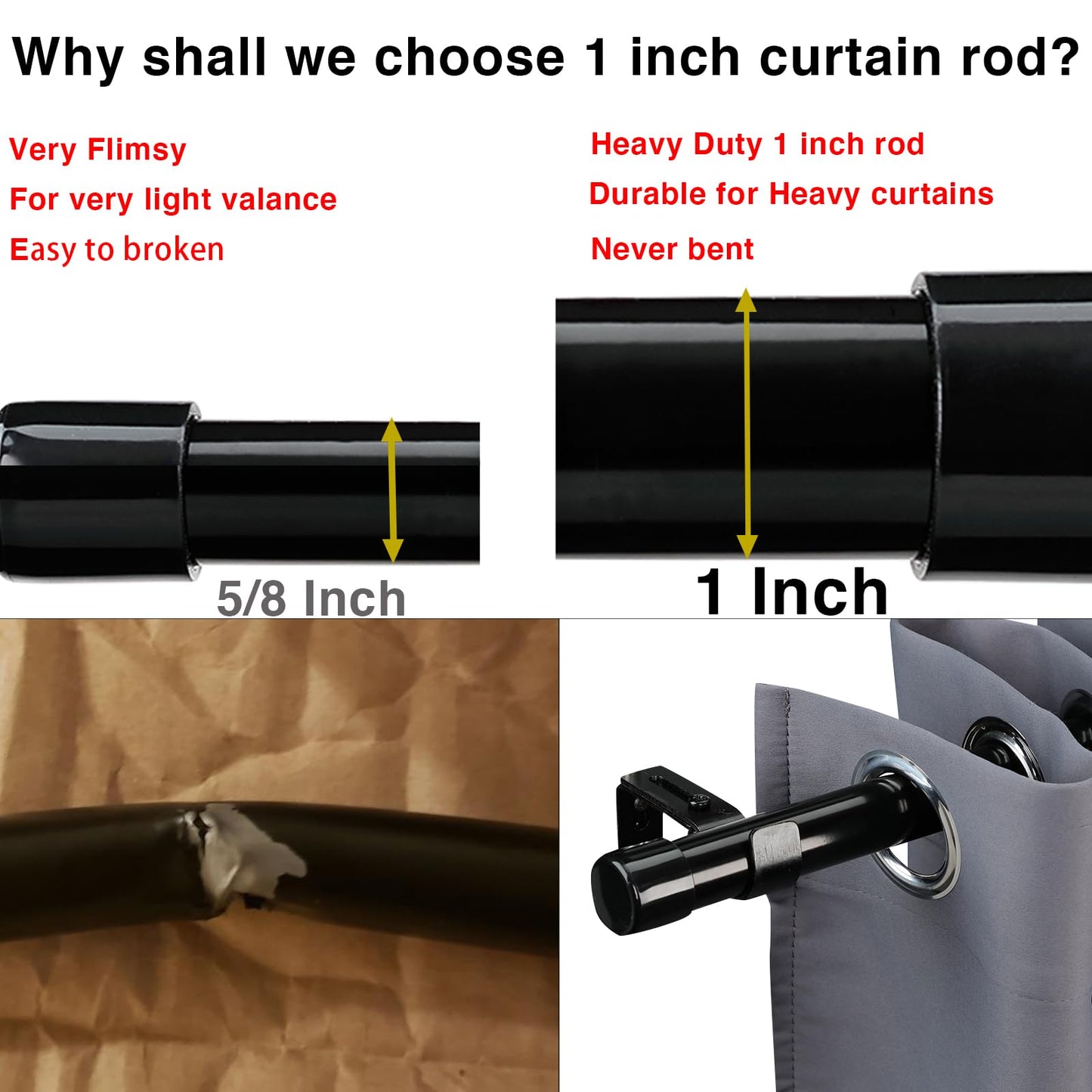 Extra Long Curtain Rods for Windows 28 to 144 inch, 1" Heavy Duty Drapery Rods with Adjustable Brackets, Bedroom Easy Instal Simple Blackout Outdoor Black Curtain Rods for Patio 🍁 All In One Marketplace Canada