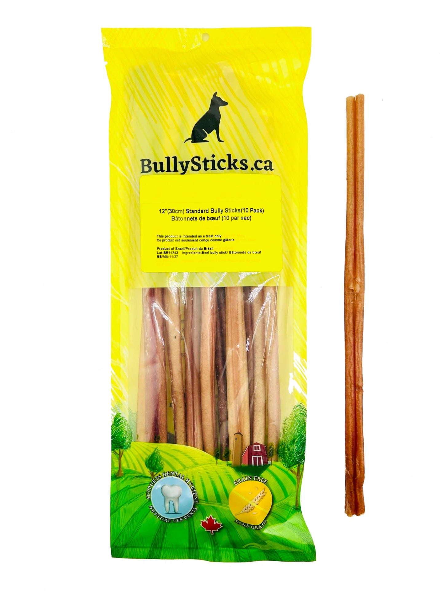 ODOURFREE 12" Standard Bully Sticks for Dogs (10 Pack) Dental Chew - Rawhide Free - Supports Dental Hygiene - Single Beef Ingredient - Consistent Size - Canadian Company 🍁 All In One Marketplace Canada