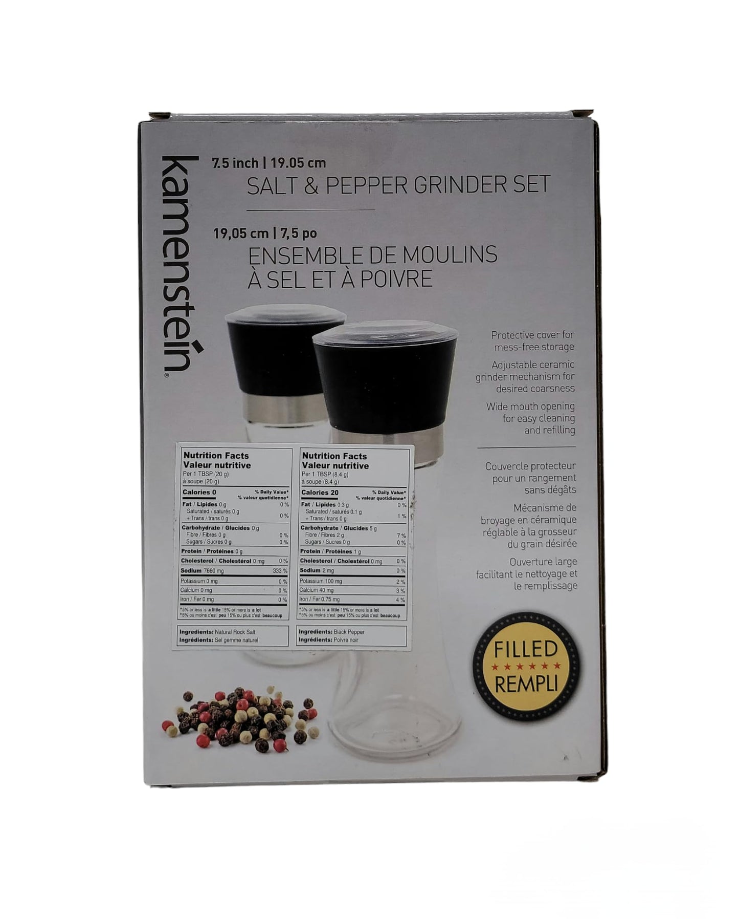 Kamensteín - Salt & Pepper Grinder Set, Includes Black Peppercorns and Pink Himalayan Salt (7.5inch) 🍁 All In One Marketplace Canada