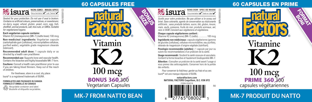 Natural Factors K2 Vitamin Supplement 100 mcg, VALUE SIZE, 360 Vegetarian Capsules, MK-7 from Natto Bean, Helps Support Bones, Vegan, Non-GMO, Proudly Canadian 🍁 All In One Marketplace Canada