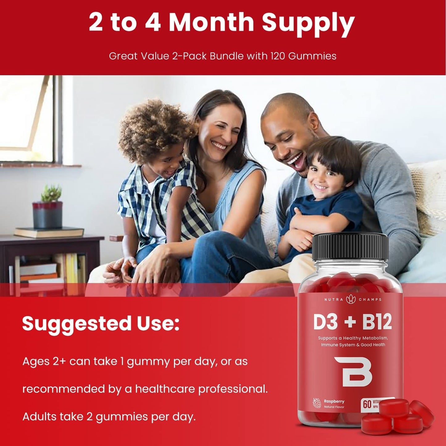 Vitamin D3 1000 IU + B12 1000mcg Per Serving | Chewable Vitamins B & D Gummies for Adults, Kids, Women & Men | Enhanced With Folate for Energy & Immunity | 120 Gummies 🍁 All In One Marketplace Canada