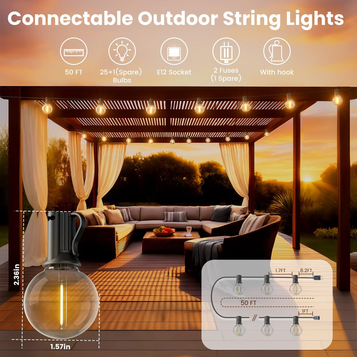 RTTY Outdoor String Lights Patio Light for Outside Waterproof G40 Shatterproof LED Bulbs, Dimmable Hanging Connectable Globe Lighting for Bistro, Backyard, Cafe, Porch, 2700K, 50 FT 26pcs 🍁 All In One Marketplace Canada