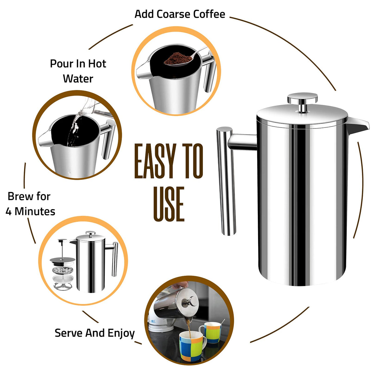 KICHLY 34 OZ French Press, Stainless Steel Double Walled Insulated Coffee Press with Refined Filters, Espresso and Tea Maker - Silver 🍁 All In One Marketplace Canada