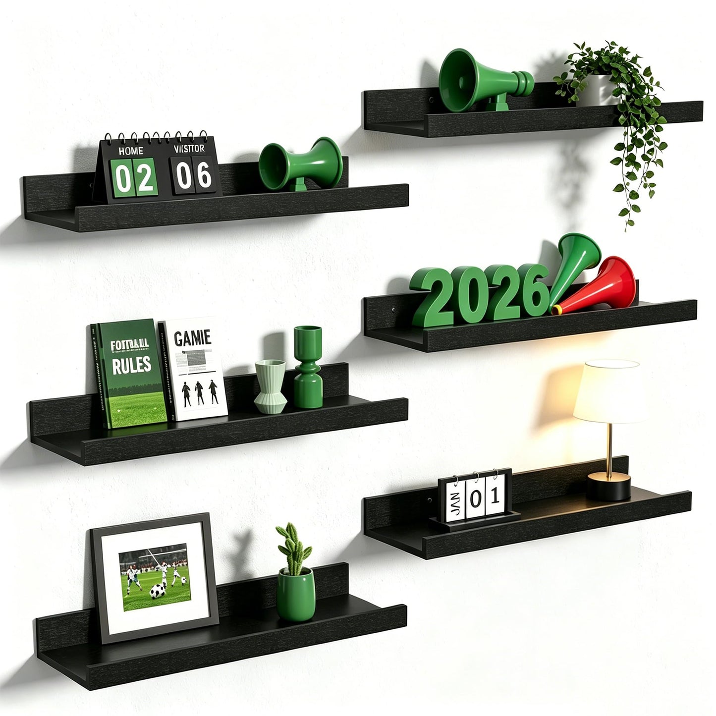 upsimples Floating Shelves for Wall, Decor Storage Set of 6, Wall Mounted Wood Shelves for Bedroom, Living Room, Bathroom, Kitchen, Picture Ledge Shelves, Black 🍁 All In One Marketplace Canada