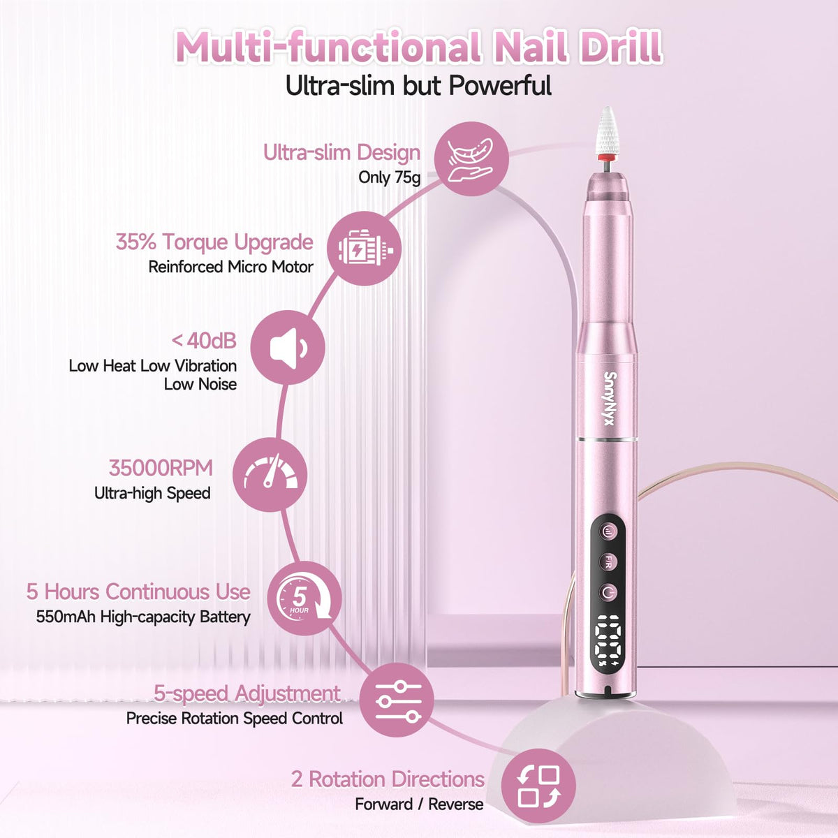 SnnyNyx Cordless Electric Nail Drill 35000 RPM, Professional Nail File Kit with LCD Display, 12 Bits & 36 Sanding Bands, Rechargeable Manicure Pedicure Kit for Acrylic Gel Nails, Salon & Home Use(Rose Gold) 🍁 All In One Marketplace Canada