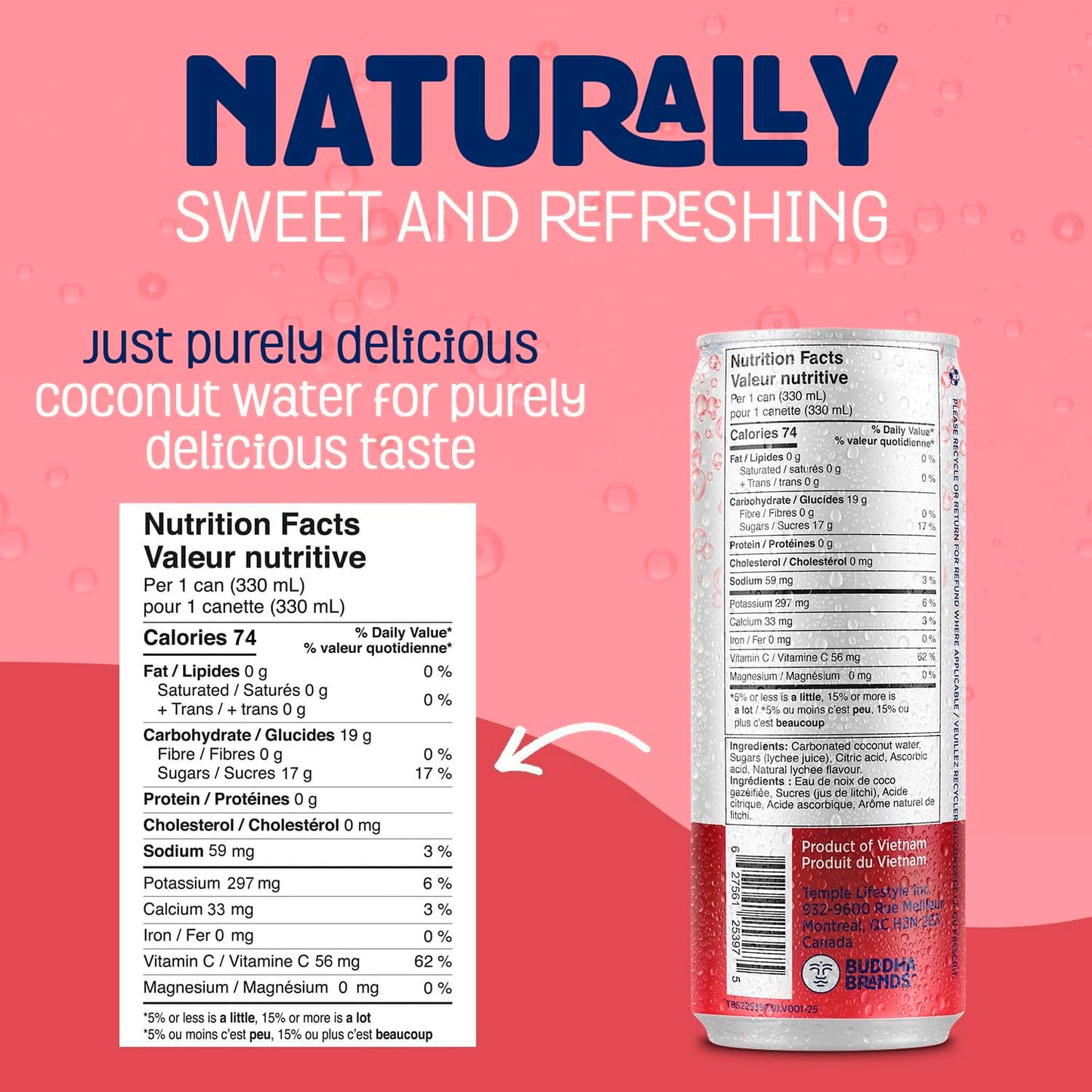 THIRSTY BUDDHA Sparkling Coconut Water with Lychee, No Added Sugar, Pure Coco Drink, Natural Fruit Flavour, Electrolyte & Nutrient-Rich, 12 Pack, (12/330ml) 🍁 All In One Marketplace Canada