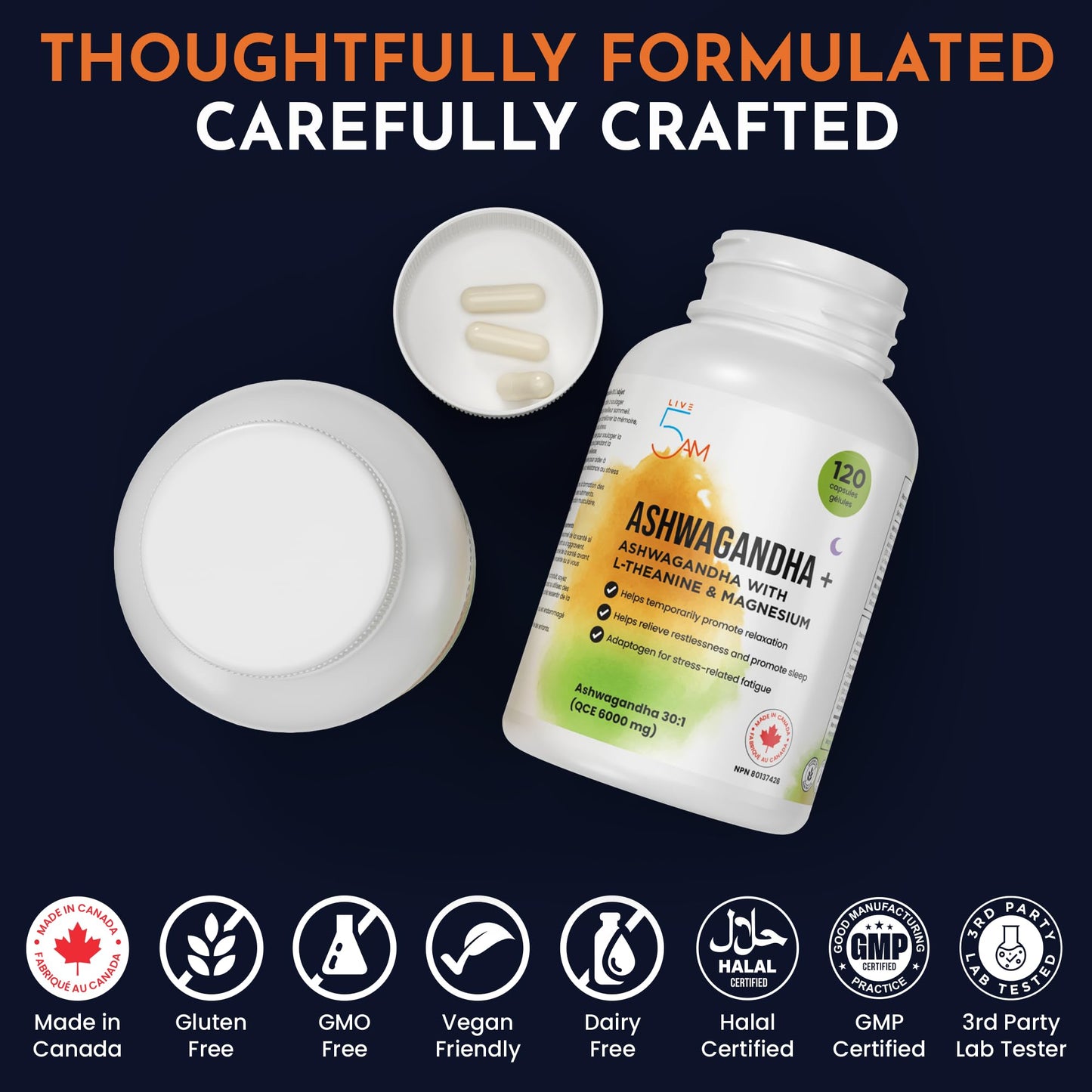 Live 5AM Ashwagandha 6000mg with L-Theanine 200mg, Magnesium Bisglycinate 75mg & Black Pepper Extract - Relaxation, Stress & Restlessness Support - 4 Month Supply, 120 Capsules - Made in Canada 🍁 All In One Marketplace Canada