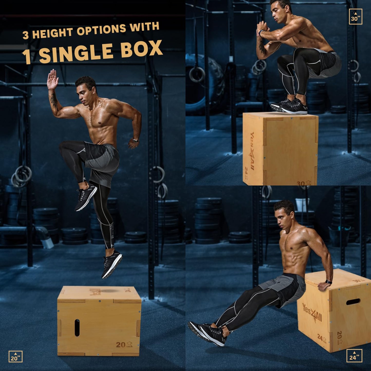 Yes4All 3-in-1 Wooden Plyo Box, Jumping Plyometric Step Platform for Home Gym, 450lb Capacity with Wide Built-in Handles (16"x14"x12" - Basic Wood Finish) 🍁 All In One Marketplace Canada
