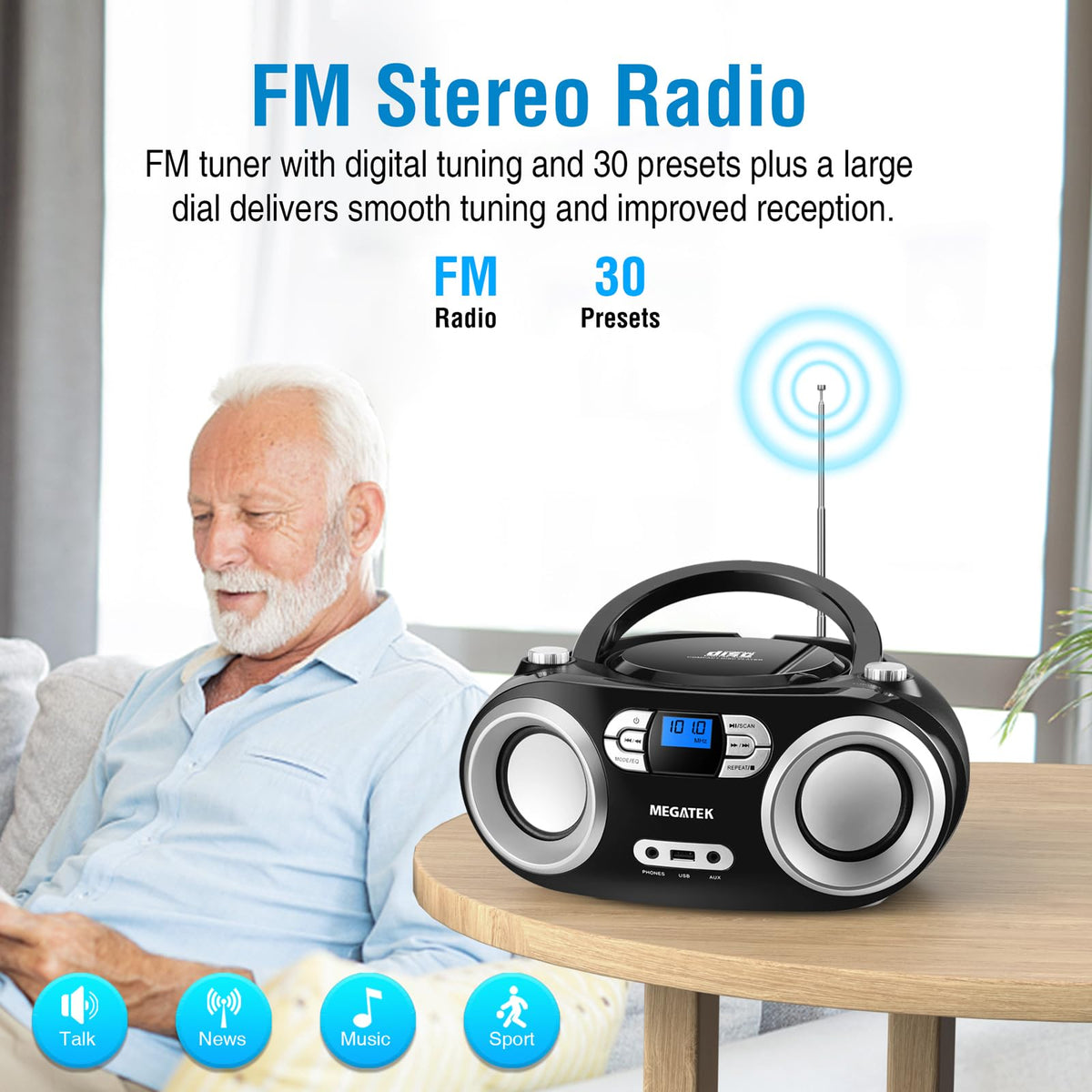 MEGATEK Portable CD Player Boombox with FM Radio, Bluetooth, USB Port, AUX Input, and Headphone Jack – CD-R/CD-RW/MP3-CD Compatible, Clear Stereo Sound, Backlit LCD Display – Black 🍁 All In One Marketplace Canada