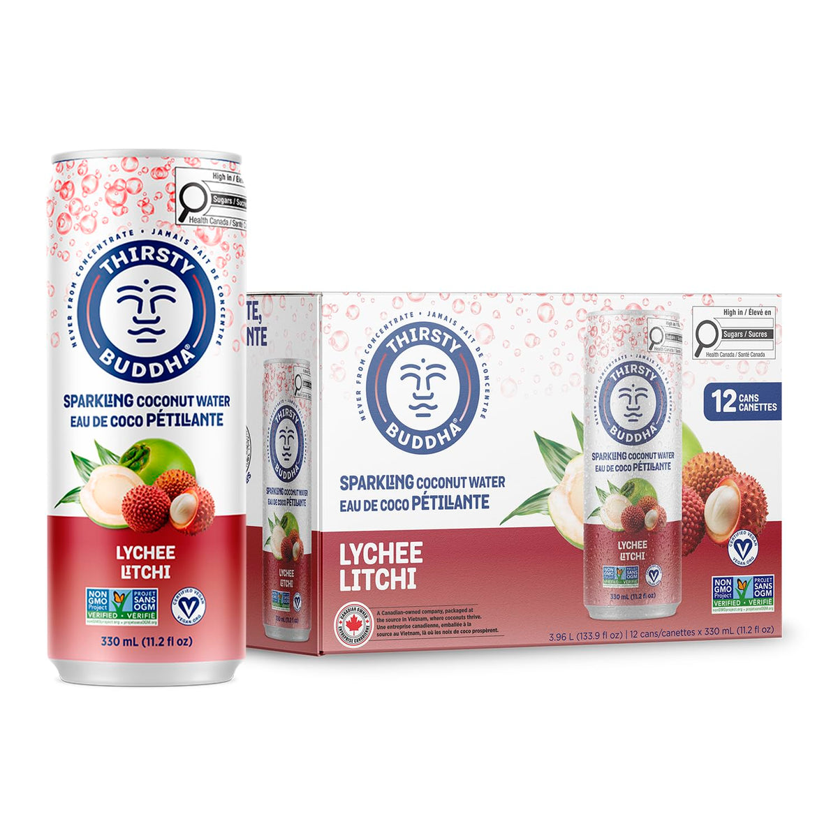 THIRSTY BUDDHA Sparkling Coconut Water with Lychee, No Added Sugar, Pure Coco Drink, Natural Fruit Flavour, Electrolyte & Nutrient-Rich, 12 Pack, (12/330ml) 🍁 All In One Marketplace Canada