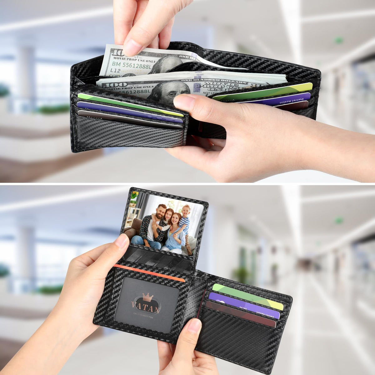 VATAN Wallet for Men Slim RFID Blocking Leather Credit Card Holder Wallet for 15 Cards, Bifold Minimalist Thin Wallet with 2 ID Windows & Cash Slot, with Gift Box (Carbon Fiber Black) 🍁 All In One Marketplace Canada
