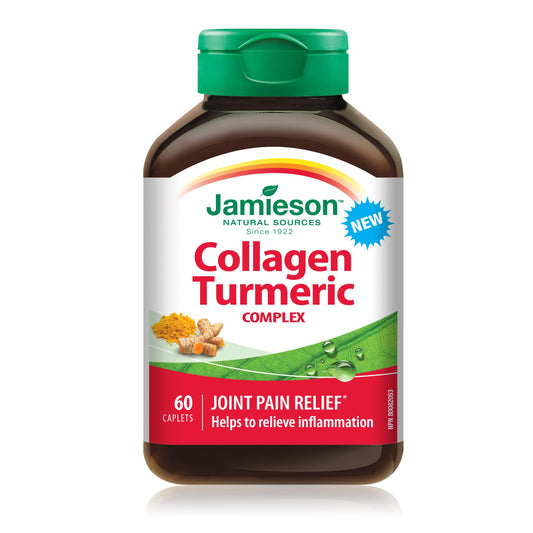 Jamieson Collagen Turmeric Complex, with 600 mg Collagen, Anti-inflammatory, Provides Joint Pain Relief and Digestive Support. Gluten-Free, No Artificial Colours, Flavours, or Preservatives, 60 Caplets, Proudly Canadian 🍁 All In One Marketplace Canada