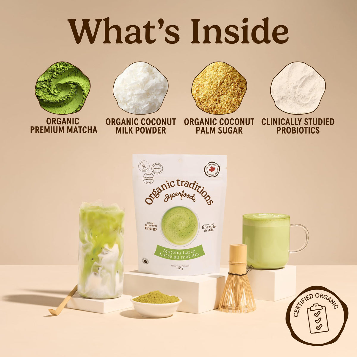 Organic Traditions Matcha Latte Powder, Japanese Matcha Green Tea With Coconut Milk, Naturally Occurring Caffeine And L Theanine, Lightly Sweetened Instant Latte Drink With Probiotics, 150g / 5.3oz 🍁 All In One Marketplace Canada