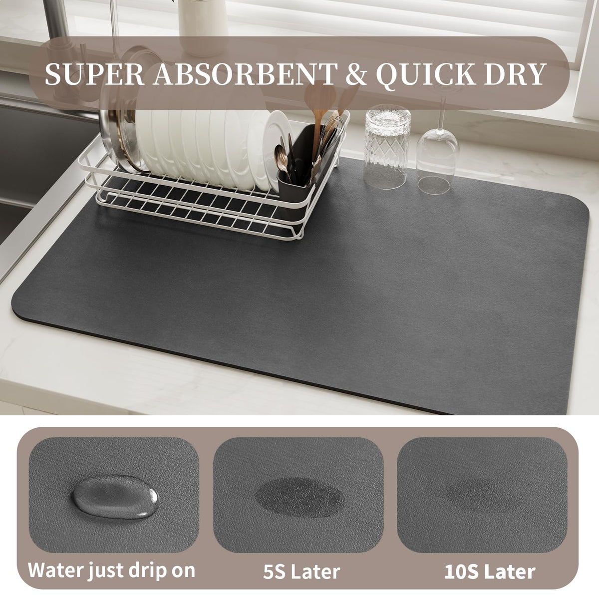 MontVoo-Absorbent Dish Drying Mat-Kitchen Counter Rubber Backed Water Absorbing Drying Mat-Hide Stain Under Dish Mat Quick Dry Coffee Mat-Dark Grey 12''x19'' 🍁 All In One Marketplace Canada