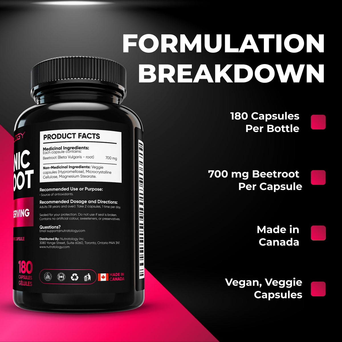 Nutratology® Organic Beetroot Capsules | 1400mg per Daily Serving | 180 Capsules | Canadian Made | Source of Antioxidants | Organic Beet Root Powder 🍁 All In One Marketplace Canada