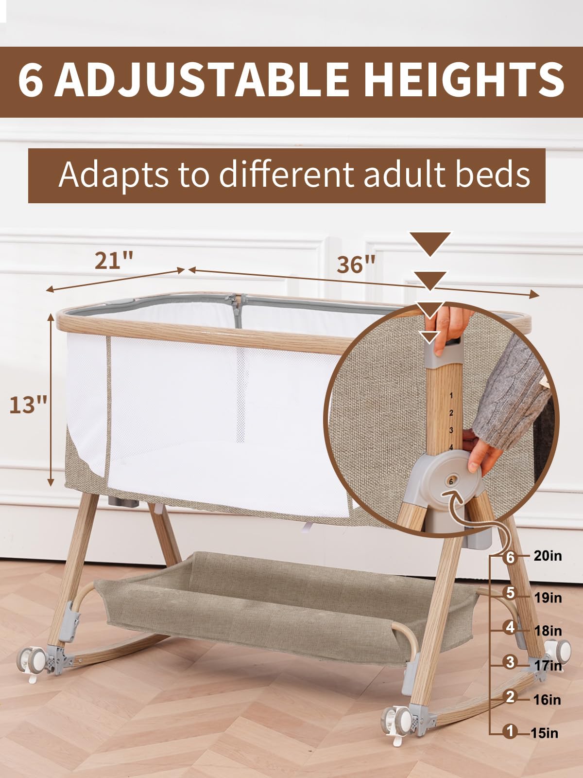 Baby Bassinet, Basinet Bedside Sleeper with Waterproof Bassinet Sheets and Soft Mattress, Safe Adjustable Height Bedside Bassinets with Wheels, Girl/Boy Bassinets, Jestonten (Khaki) 🍁 All In One Marketplace Canada