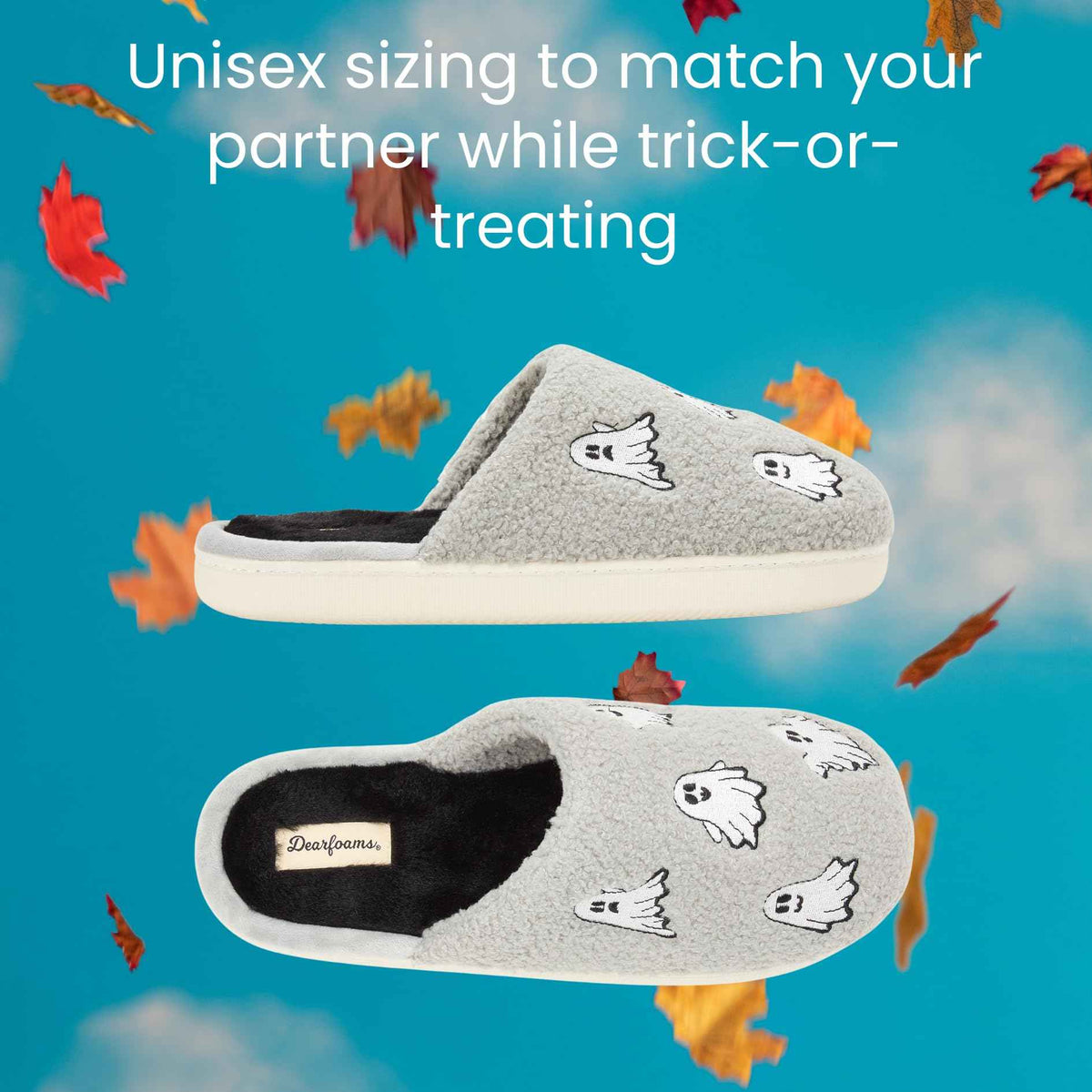 Dearfoams Unisex-Adult Spooky Fuzzy Halloween Pumpkin Jack O Lantern Slipper, Grey Ghost, 5-6 Women/3-4 Men