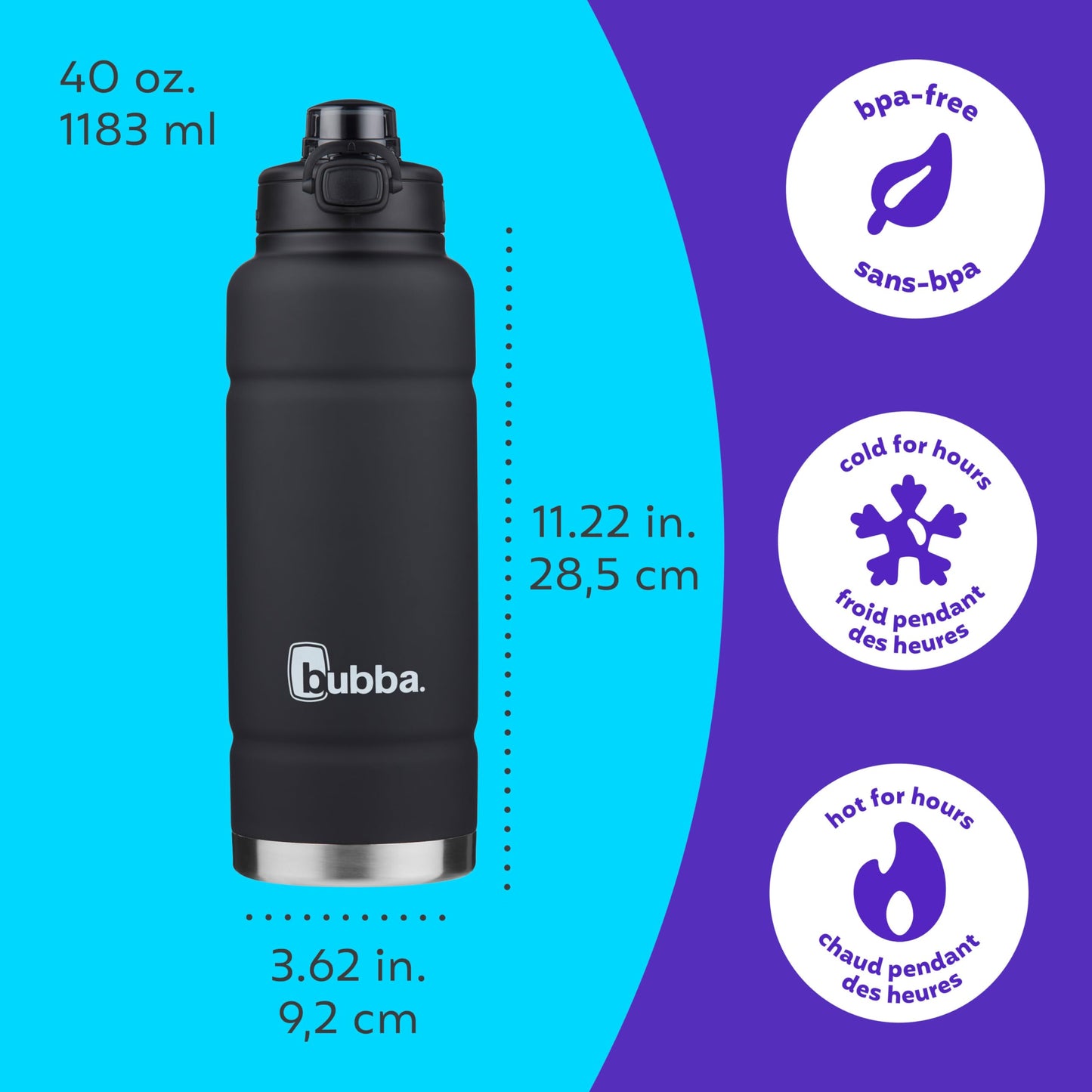 bubba Trailblazer Stainless Steel Water Bottle with Push Button Lid, 40 oz (1.18 L), Vacuum-Insulated, Rubberized Licorice 🍁 All In One Marketplace Canada