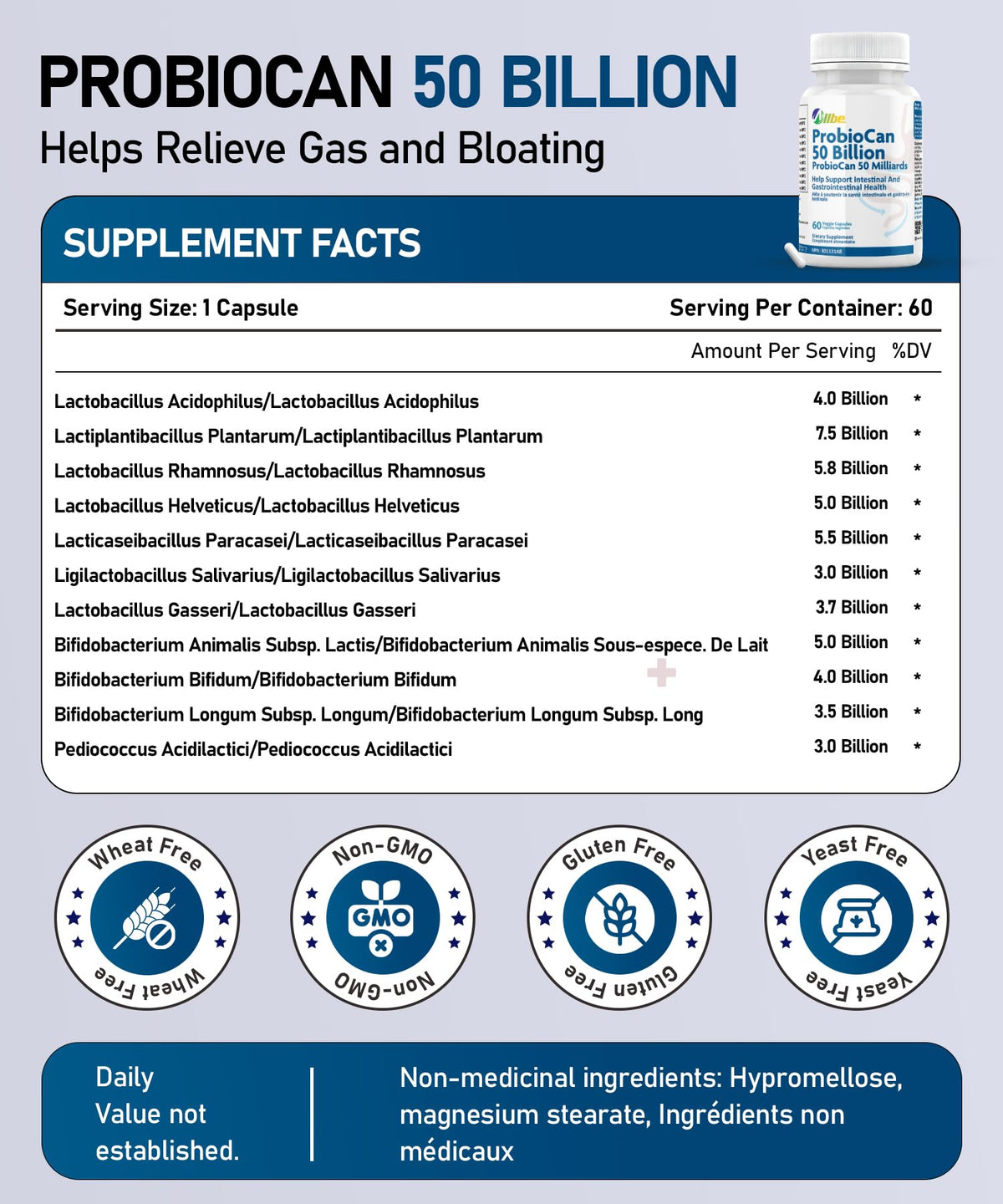 Allbe Probiotics for Men & Womens - 50 Billion CFU with 11 Strains, Lactobacillus, Acidophilus and L. Gasseri - Support Gut Health, Digestion, Weight Management and Bloating Relief - 60 Vegan Capsules, 1 Per Day 🍁 All In One Marketplace Canada