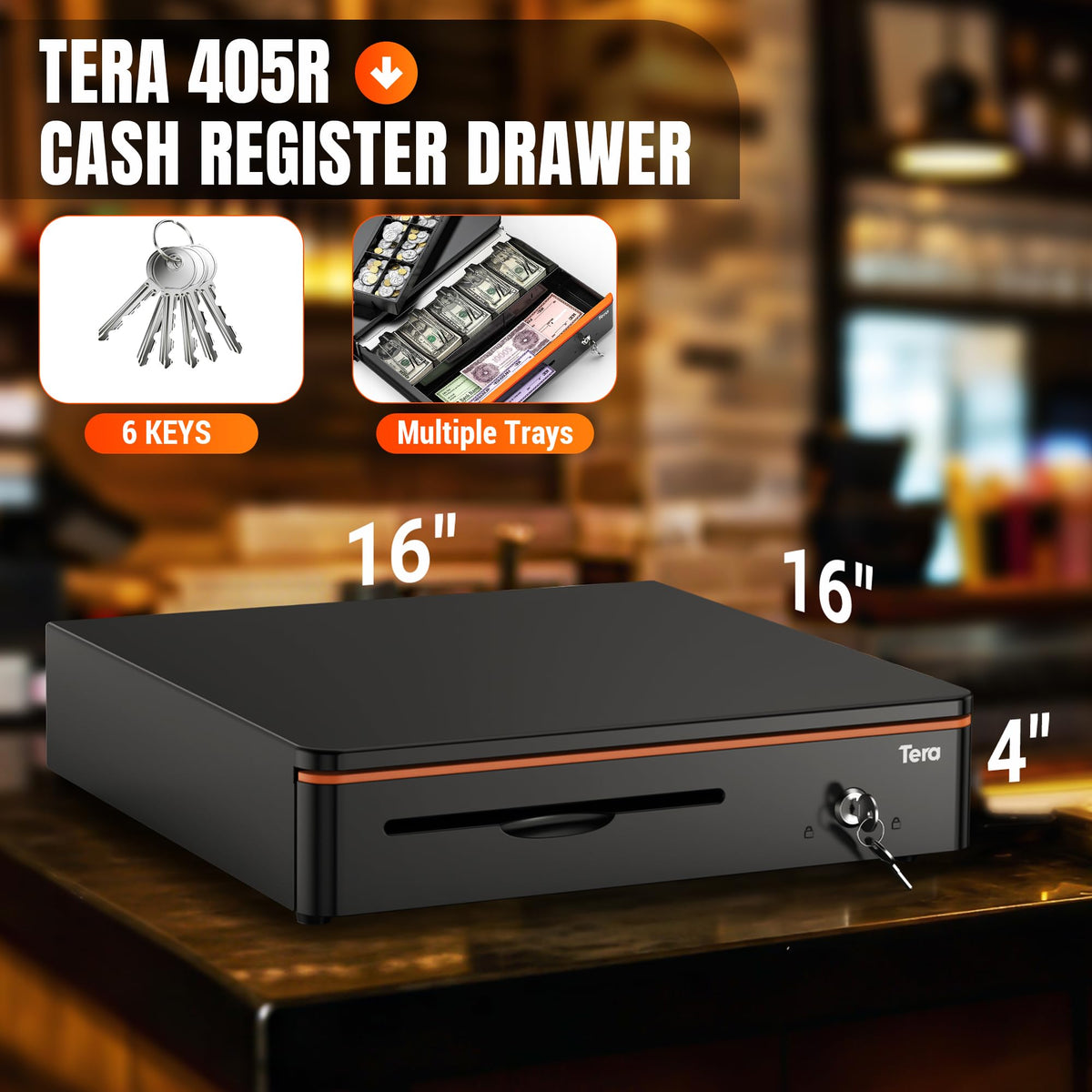 Tera 16" Auto Open Cash Register Drawer Insert Tray 5 Bill 8 Coin for Point of Sale (POS) System with Removable Cash Tray Media Slot 24V RJ12 Key-Lock (Round Corner) for Small Businesses Retail 405R 🍁 All In One Marketplace Canada