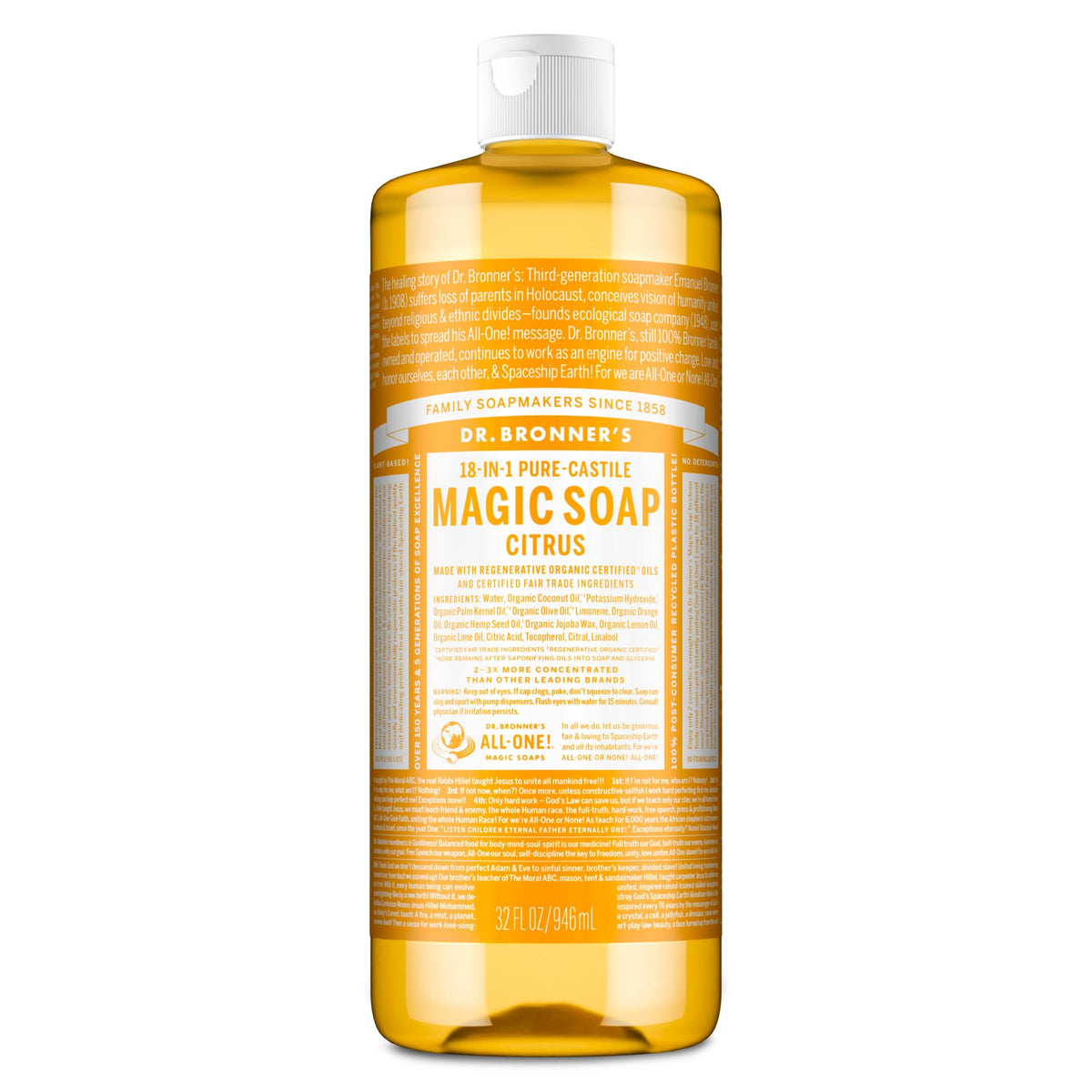 Dr. Bronner’s - Pure-Castile Liquid Soap (Citrus, 946 mL) - Made with Organic Oils, 18-in-1 Uses: Face, Body, Hair, Laundry, Pets and Dishes, Concentrated, Vegan, Non-GMO 🍁 All In One Marketplace Canada