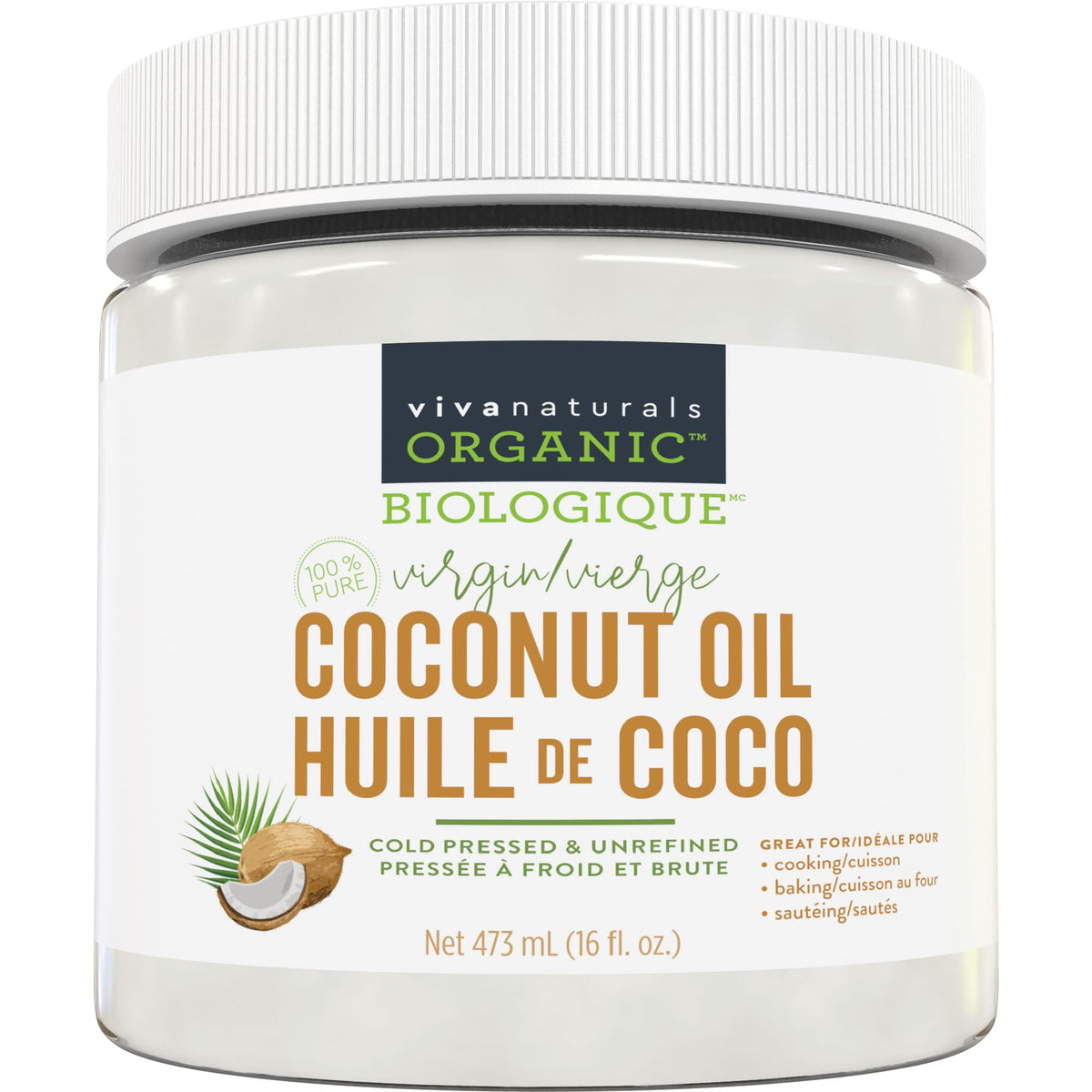 Viva Naturals Organic Virgin Coconut Oil,16 fl oz (473 mL) – Coconut Oil for Hair, Skin, Cooking & Baking – Cold-Pressed, Unrefined & Non-GMO – Keto & Paleo Certified – BPA-Free Jar 🍁 All In One Marketplace Canada