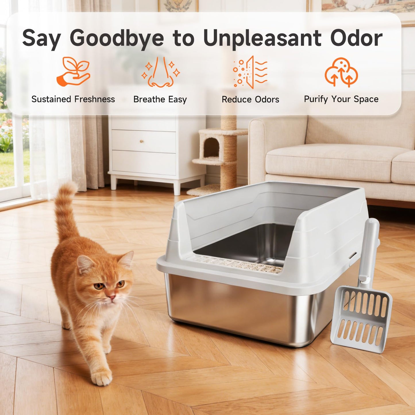 Stainless Steel Cat Litter Box, Odor Free Metal Litter Box with High Sides Lid, Open Top Low Entry Litter Pan Include Scoop Easy Cleaning Anti-Scratch Kitty Cat Box Anti-Urine Leakage, Non-Sticky 🍁 All In One Marketplace Canada