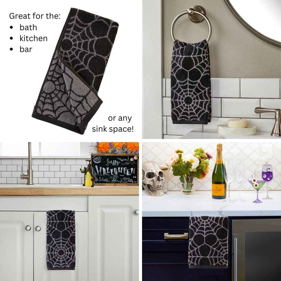 SKL Home Halloween Spider Web 100% Cotton Jacquard 2pc Hand Towel Set, Reversible, Soft & Absorbent, Decorative for Bath/Kitchen/Bar & Gift, Black