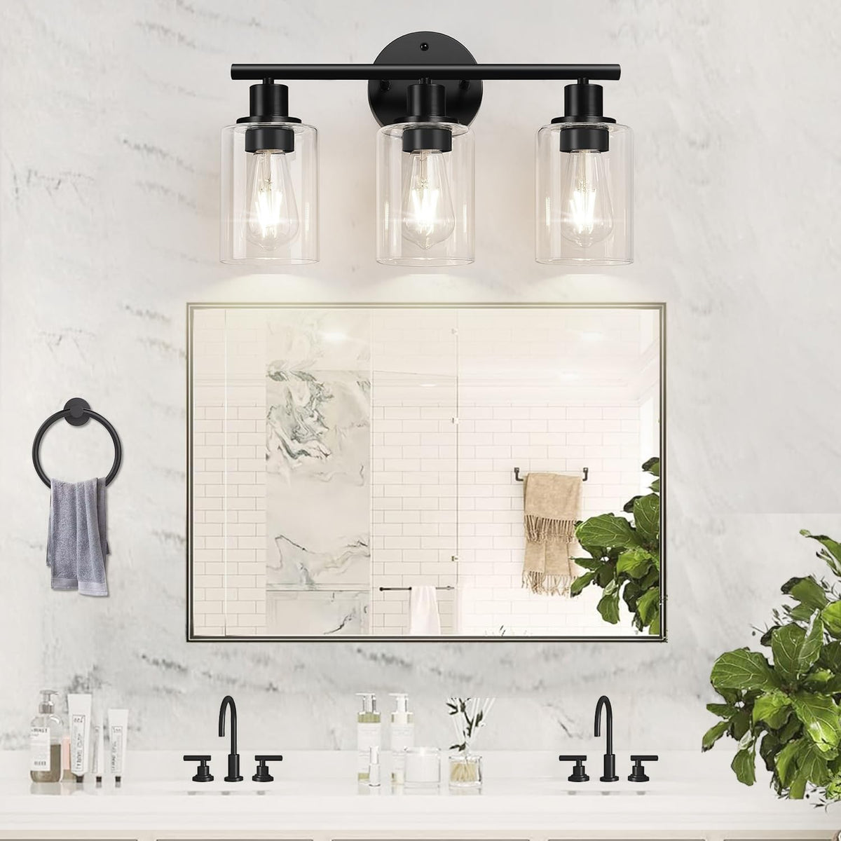 3-Light Bathroom Light Fixtures, Black Bathroom Wall Lights, Modern Bathroom Vanity Light with Clear Glass Shade, Bathroom Wall Lamp for Mirror Kitchen Bedroom Living Room 🍁 All In One Marketplace Canada