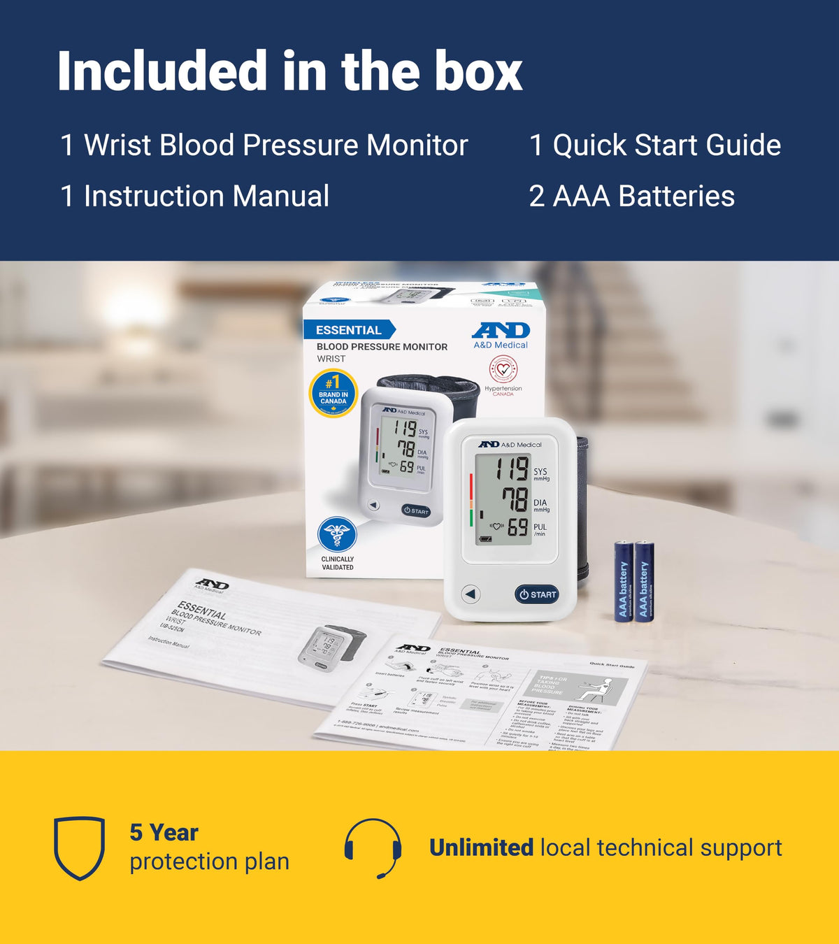 A&D Medical Wrist Blood Pressure Monitor for Home Use - UB-525CN, BP Adjustable Cuff (5.3-8.5"/13.5-21.5 cm) One Button Operation, 60 Reading Memory, FSA/HSA Eligible, 2 AAA Batteries 🍁 All In One Marketplace Canada