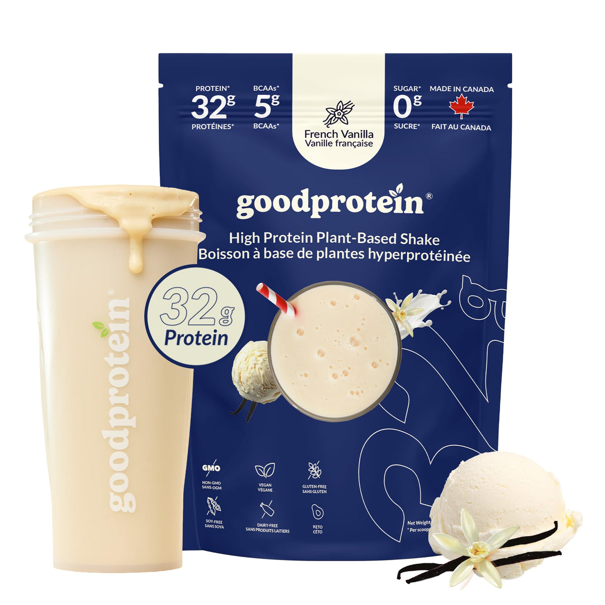 Good Protein – 32g Protein, Vegan High Protein Powder, 100% Natural, Non-GMO, Dairy-free, Gluten & Soy Free and No Added Sugar. Plant-Based Protein Shake (French Vanilla, 940 g) 🍁 All In One Marketplace Canada